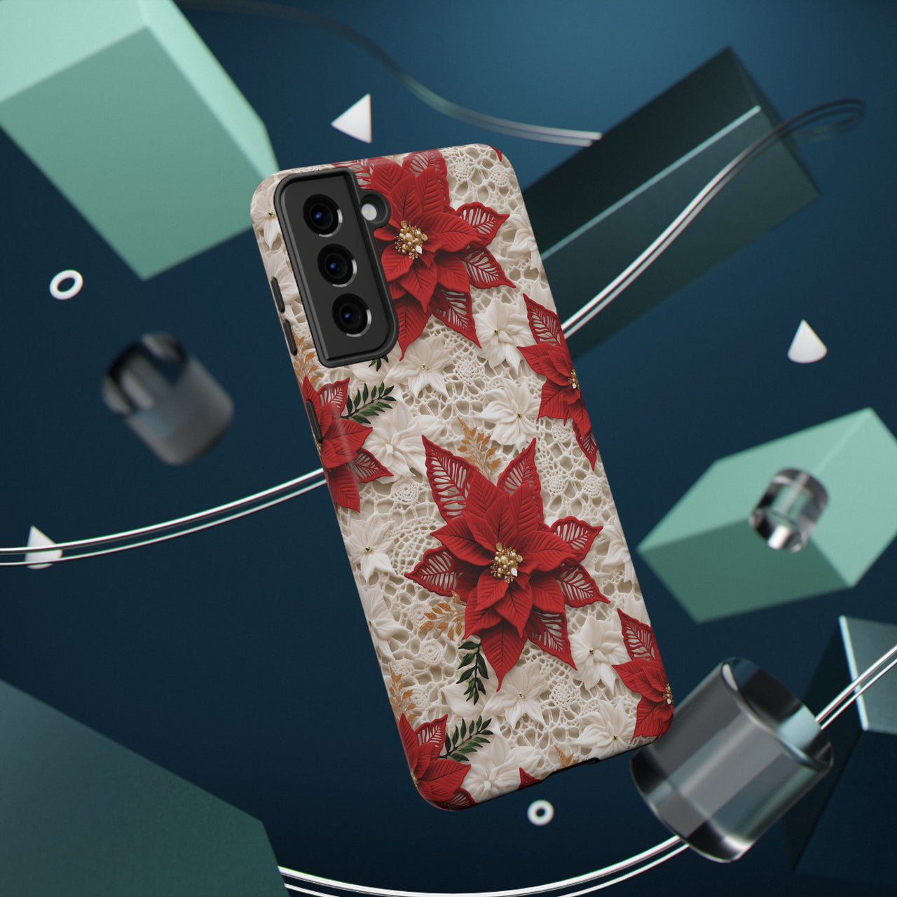 Christmas Poinsettia Impact-Resistant Cases for Samsung Galaxy S21, Samsung Galaxy S21 Plus, and Samsung Galaxy S21 Ultra. Supports Wireless Charging.