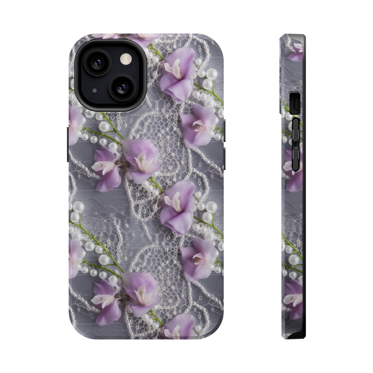 Purple Sweet Pea MagSafe Tough Cases for iPhone 13, iPhone 13 Mini, iPhone 13 Pro, and iPhone 13 Pro Max.