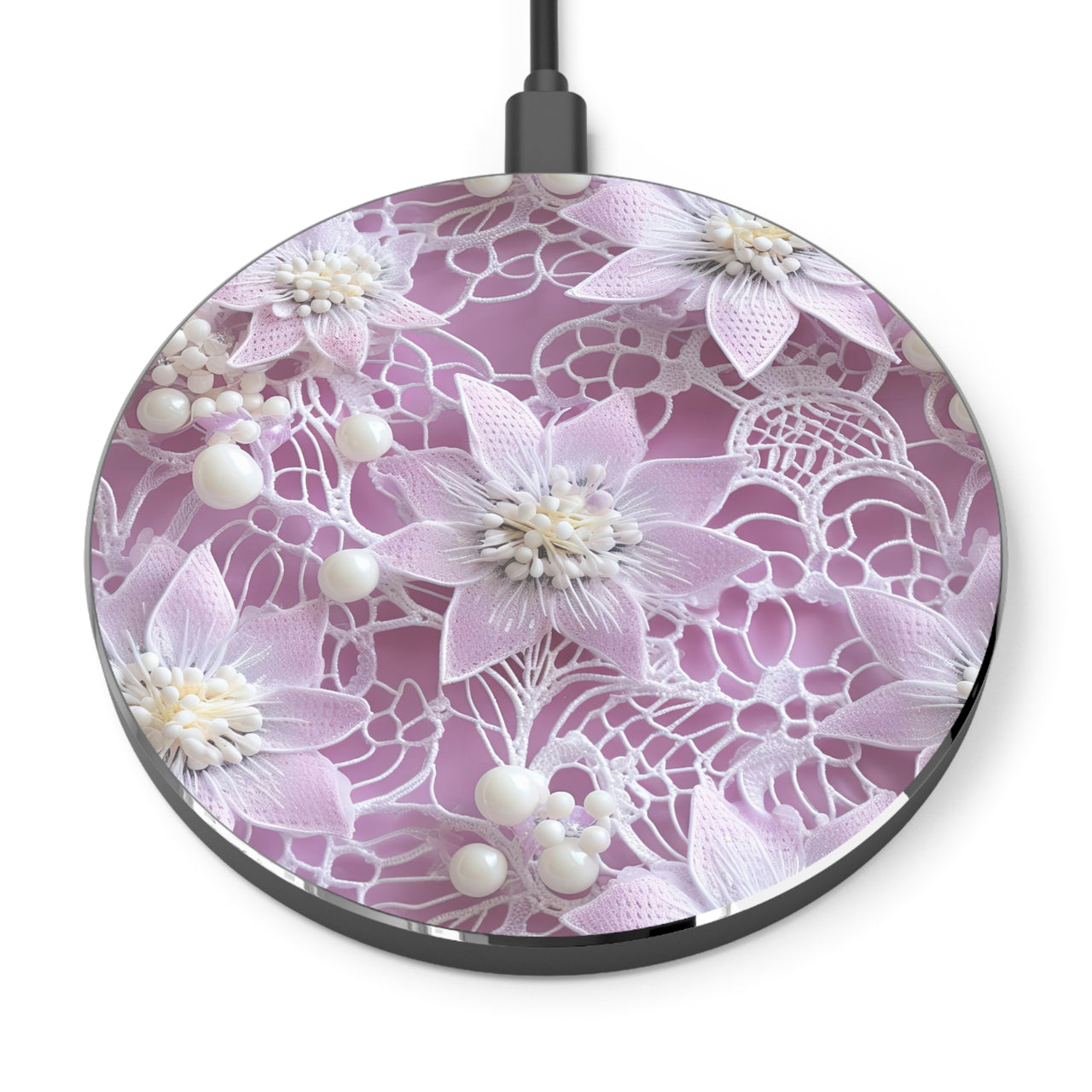 Pink and White Clematis Wireless Charger for Qi Enabled Phones