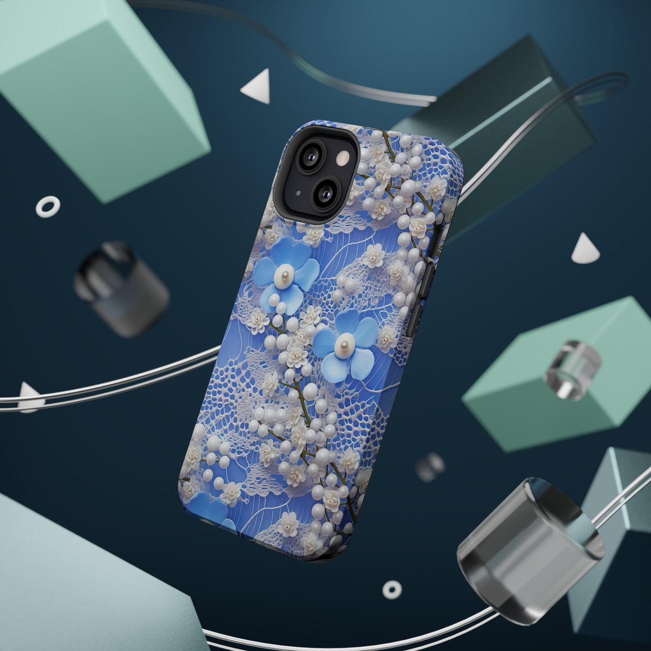 Pearls and Lace on Baby Blue - MagSafe Tough Cases for iPhone 13, iPhone 13 Mini, iPhone 13 Pro, and iPhone 13 Pro Max.