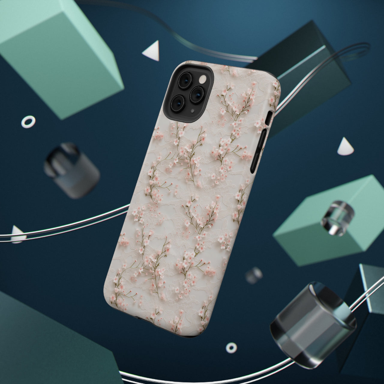 White Lace and Cherry Blossoms Impact-Resistant Cases for iPhone 11, iPhone 11 Pro, and iPhone 11 Pro Max. Supports Wireless Charging.