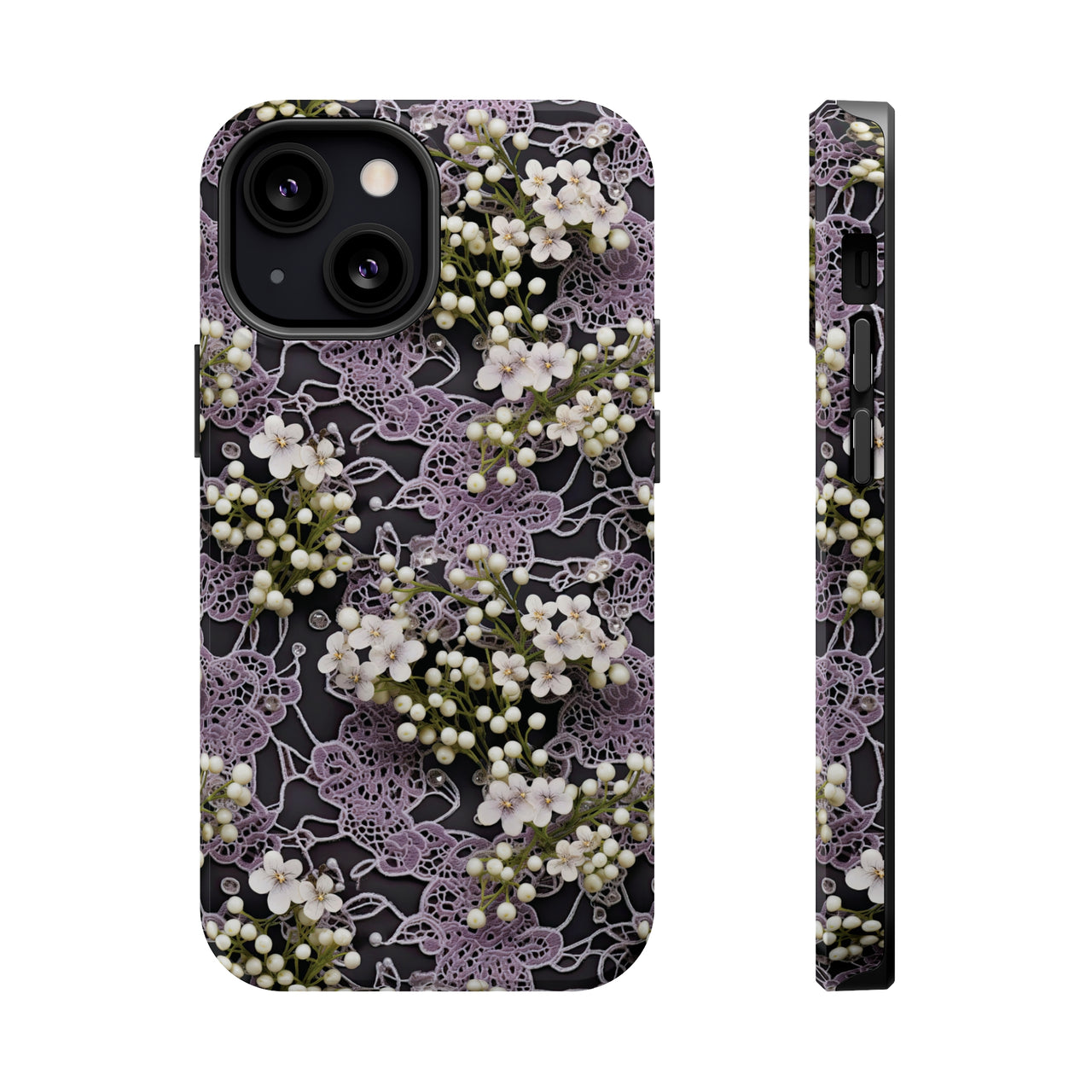 White Flowers on a Purple Bed - MagSafe Tough Cases for iPhone 13, iPhone 13 Mini, iPhone 13 Pro, and iPhone 13 Pro Max.