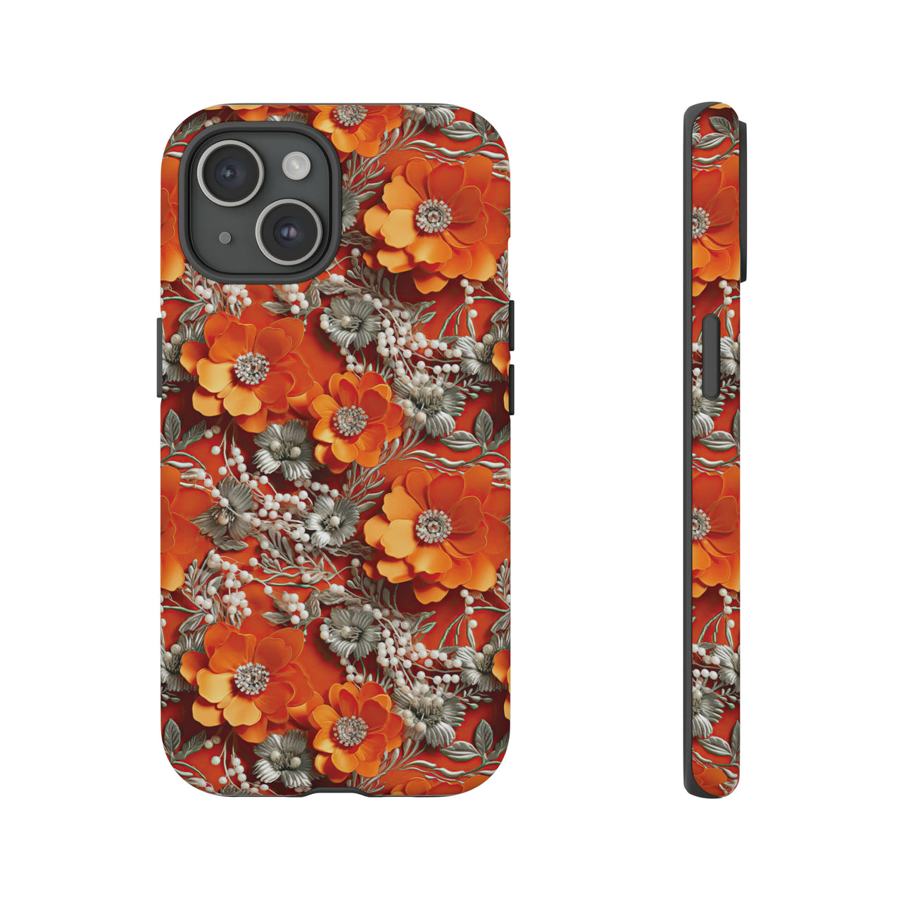 Orange Petals in Silver Tapestry Tough Case for iPhone 15, iPhone 15 Pro, iPhone 15 Plus, and iPhone 15 Pro Max