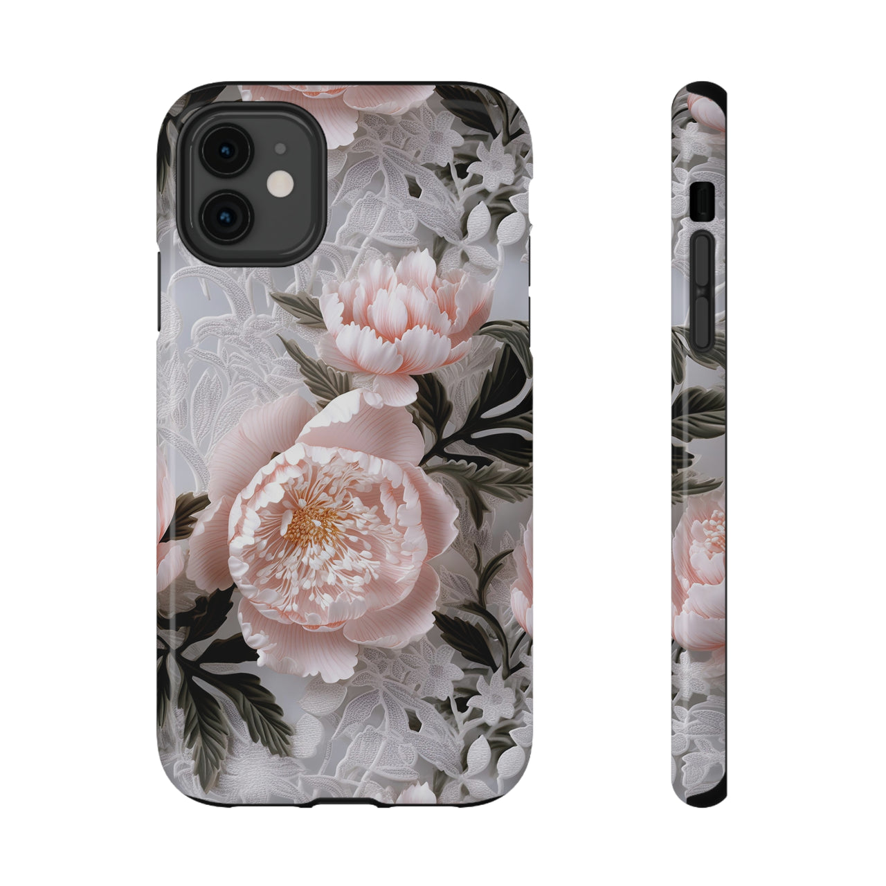 Pink Peony Impact-Resistant Cases for iPhone 11, iPhone 11 Pro, and iPhone 11 Pro Max. Supports Wireless Charging.