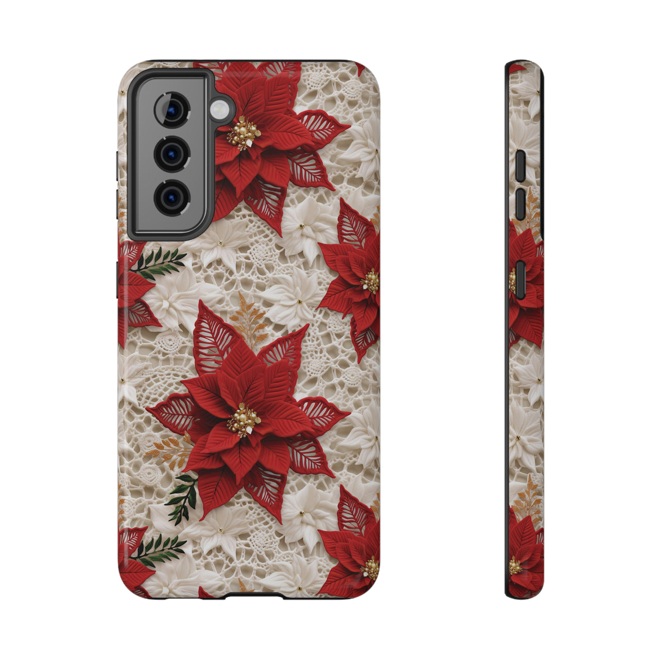 Christmas Poinsettia Impact-Resistant Cases for Samsung Galaxy S21, Samsung Galaxy S21 Plus, and Samsung Galaxy S21 Ultra. Supports Wireless Charging.