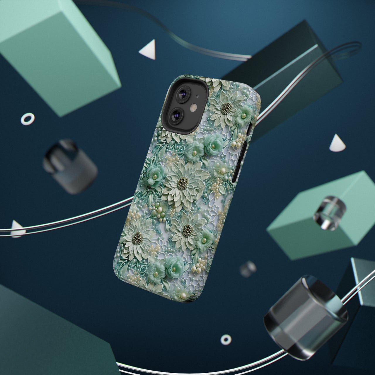 Teal Petals - Impact-Resistant Case for iPhone 12, iPhone 12 Mini, iPhone 12 Pro, and iPhone 12 Pro Max. Supports Wireless Charging.