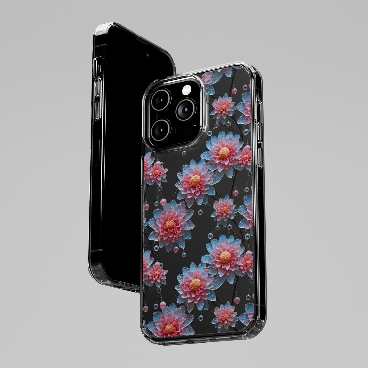 *Clear Case* Pink and Blue Glass Flowers - iPhone 14, iPhone 14 Pro, iPhone 14 Plus, iPhone 14 Pro Max - Supports Wireless Charging