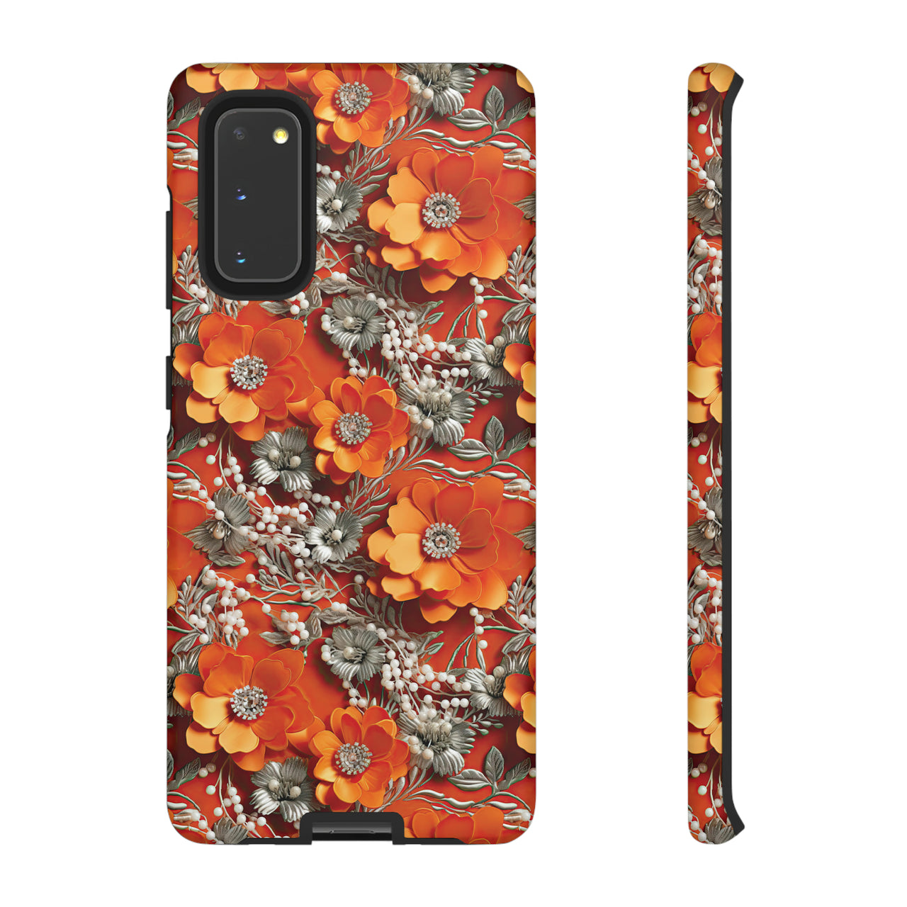 Orange Petals in Silver Tapestry Tough Case for Samsung Galaxy S20, Samsung Galaxy S20+, Samsung Galaxy S20 Ultra, and Samsung Galaxy S20 FE