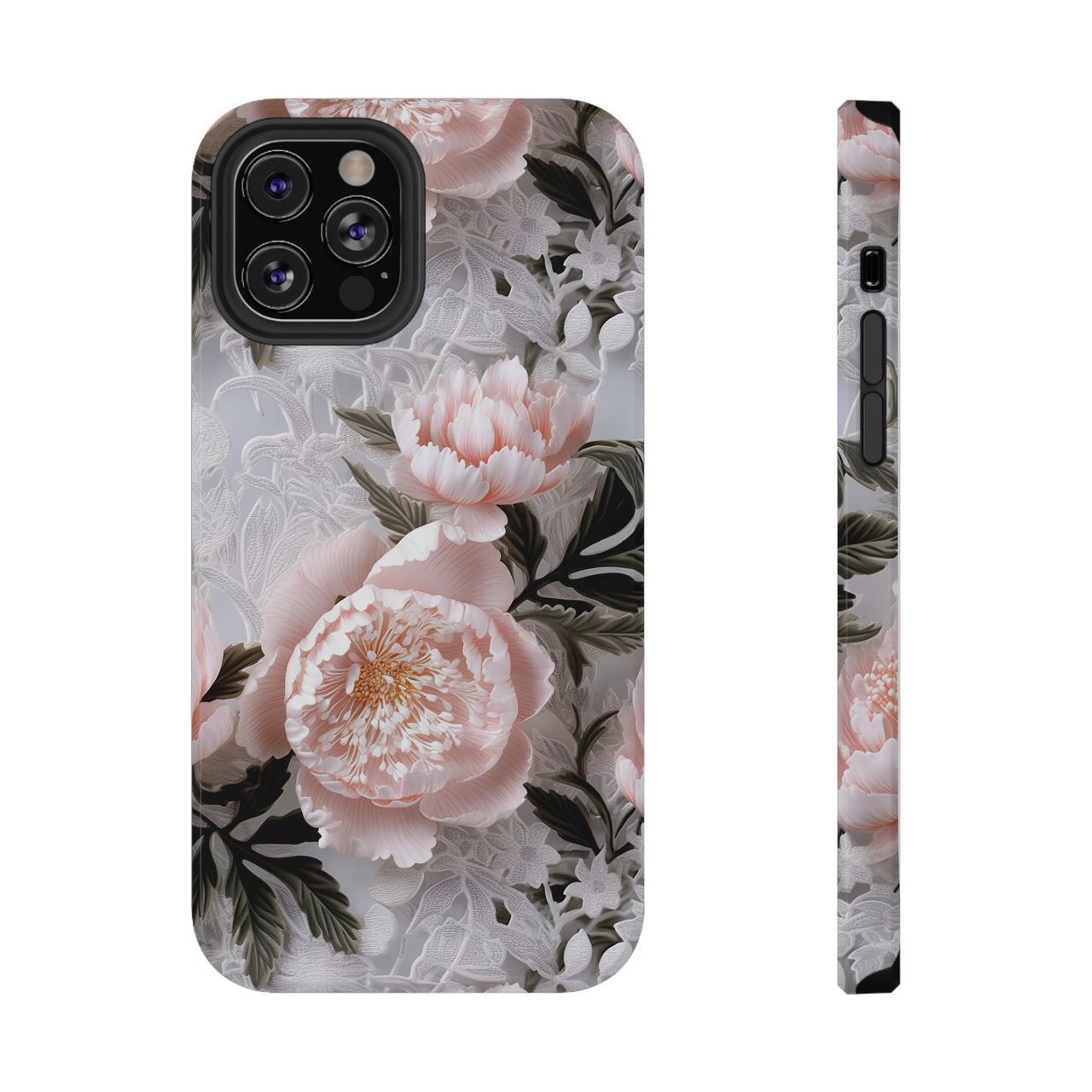 Pink Peony Impact-Resistant Case for iPhone 12, iPhone 12 Mini, iPhone 12 Pro, and iPhone 12 Pro Max. Supports Wireless Charging.