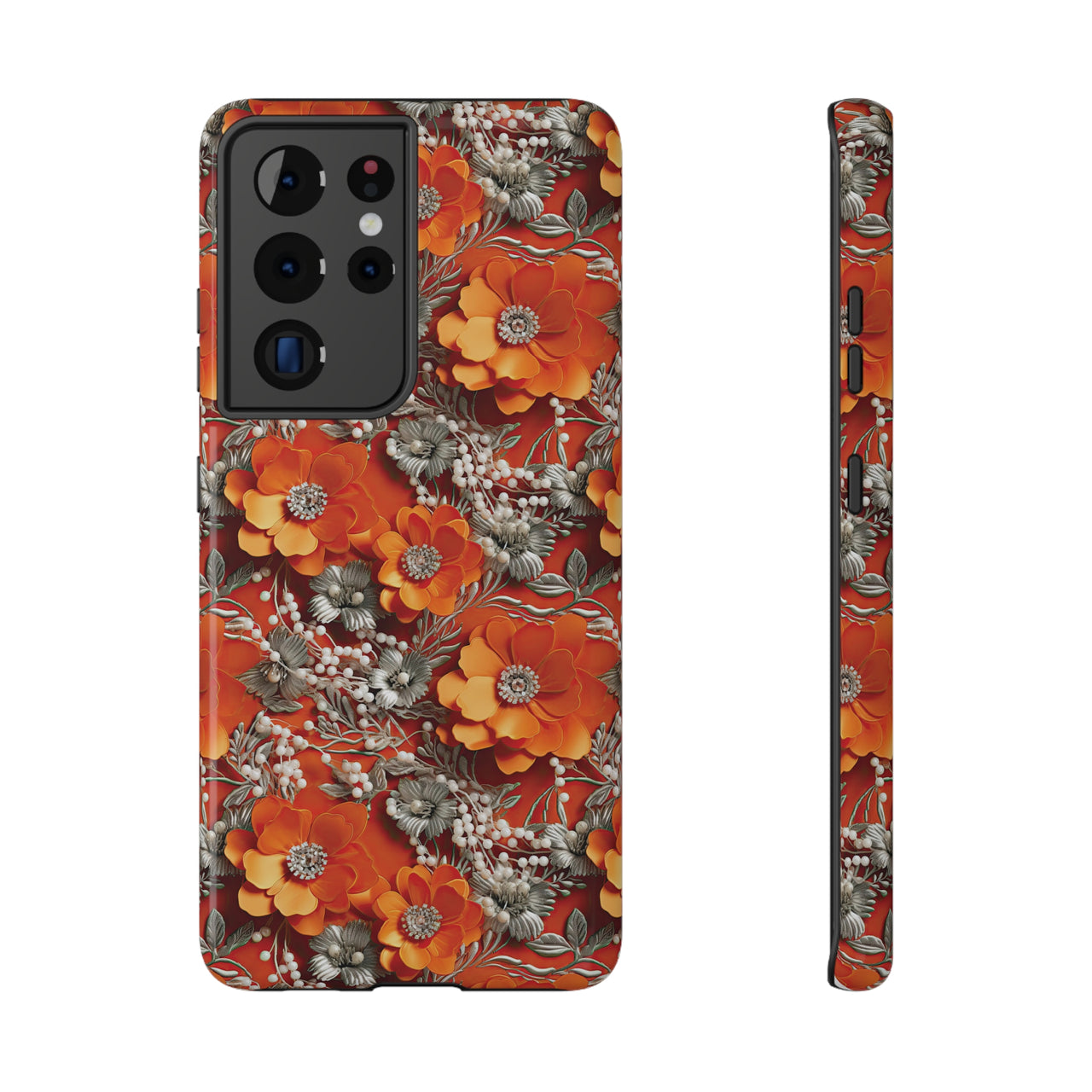 Orange Petals in Silver Tapestry Impact-Resistant Case for Samsung Galaxy S21, Samsung Galaxy S21 Plus, and Samsung Galaxy S21 Ultra. Supports Wireless Charging.