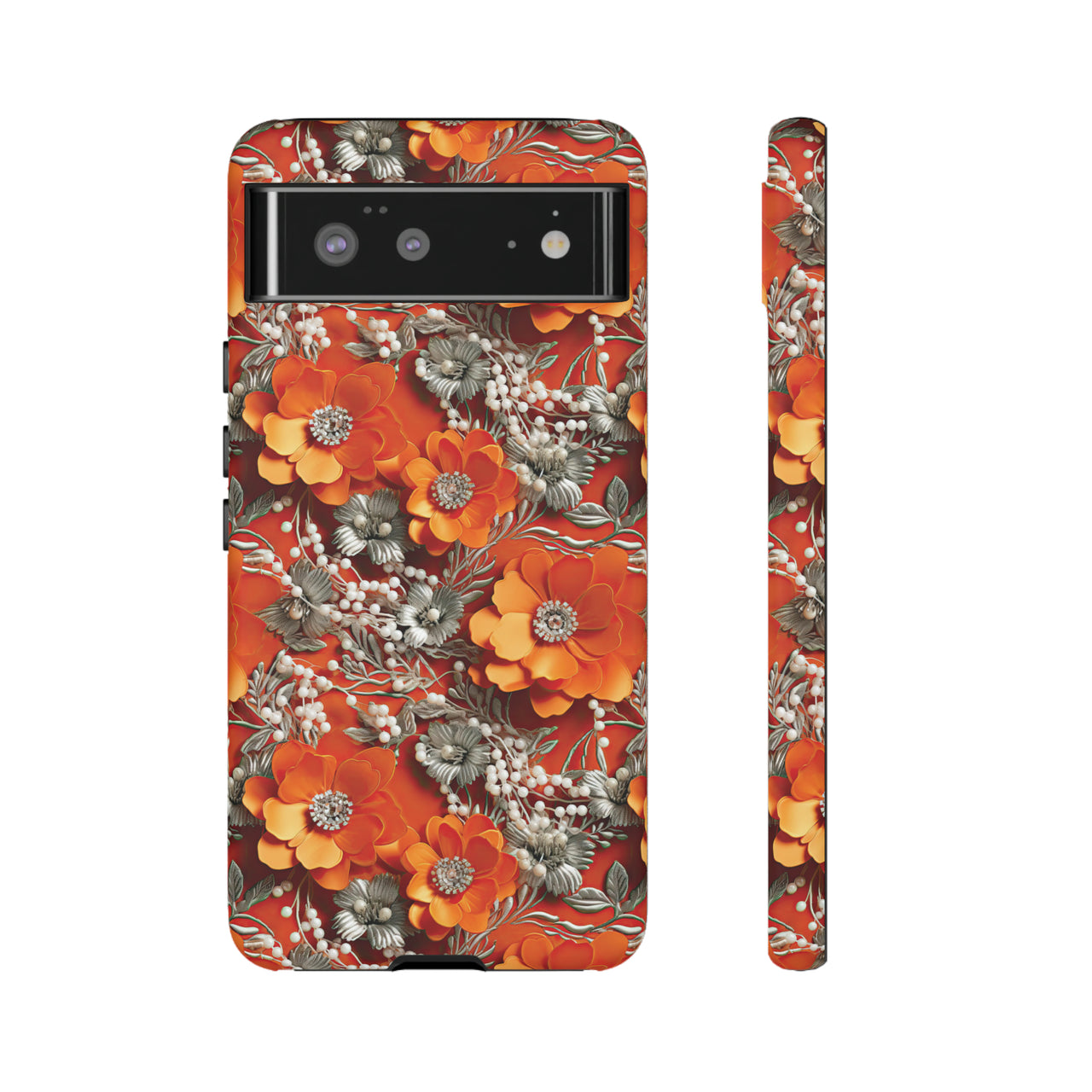 Orange Petals in Silver Tapestry Tough Case for Google Pixel 6 and Google Pixel 6 Pro