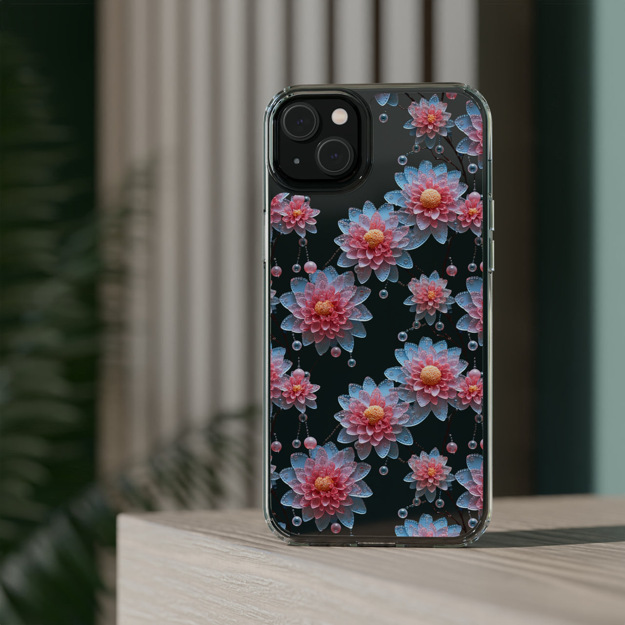 *Clear Case* Pink and Blue Glass Flowers - iPhone 14, iPhone 14 Pro, iPhone 14 Plus, iPhone 14 Pro Max - Supports Wireless Charging