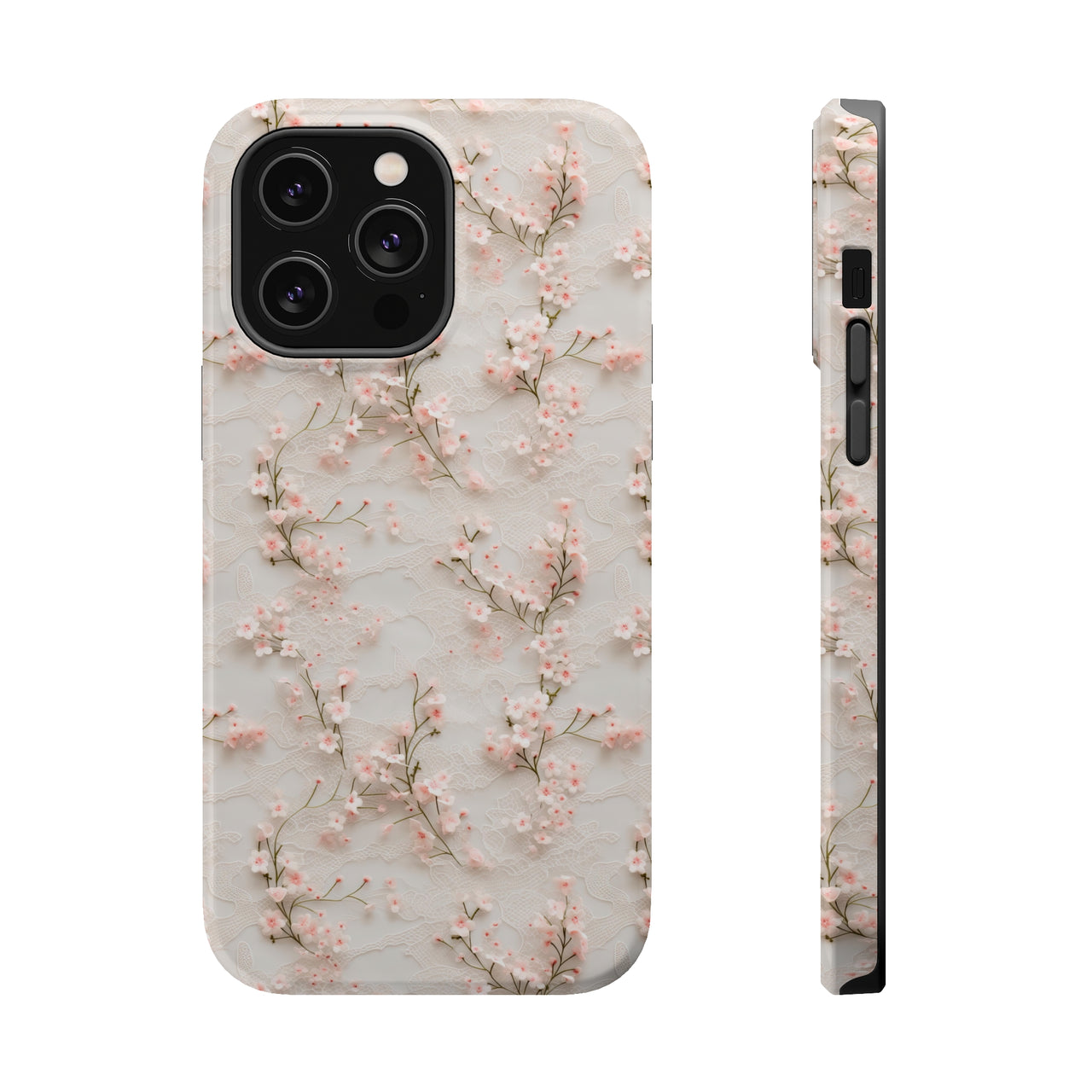 White Lace and Cherry Blossoms MagSafe Tough Cases for iPhone 14, iPhone 14 Pro, iPhone 14 Plus, and iPhone 14 Pro Max