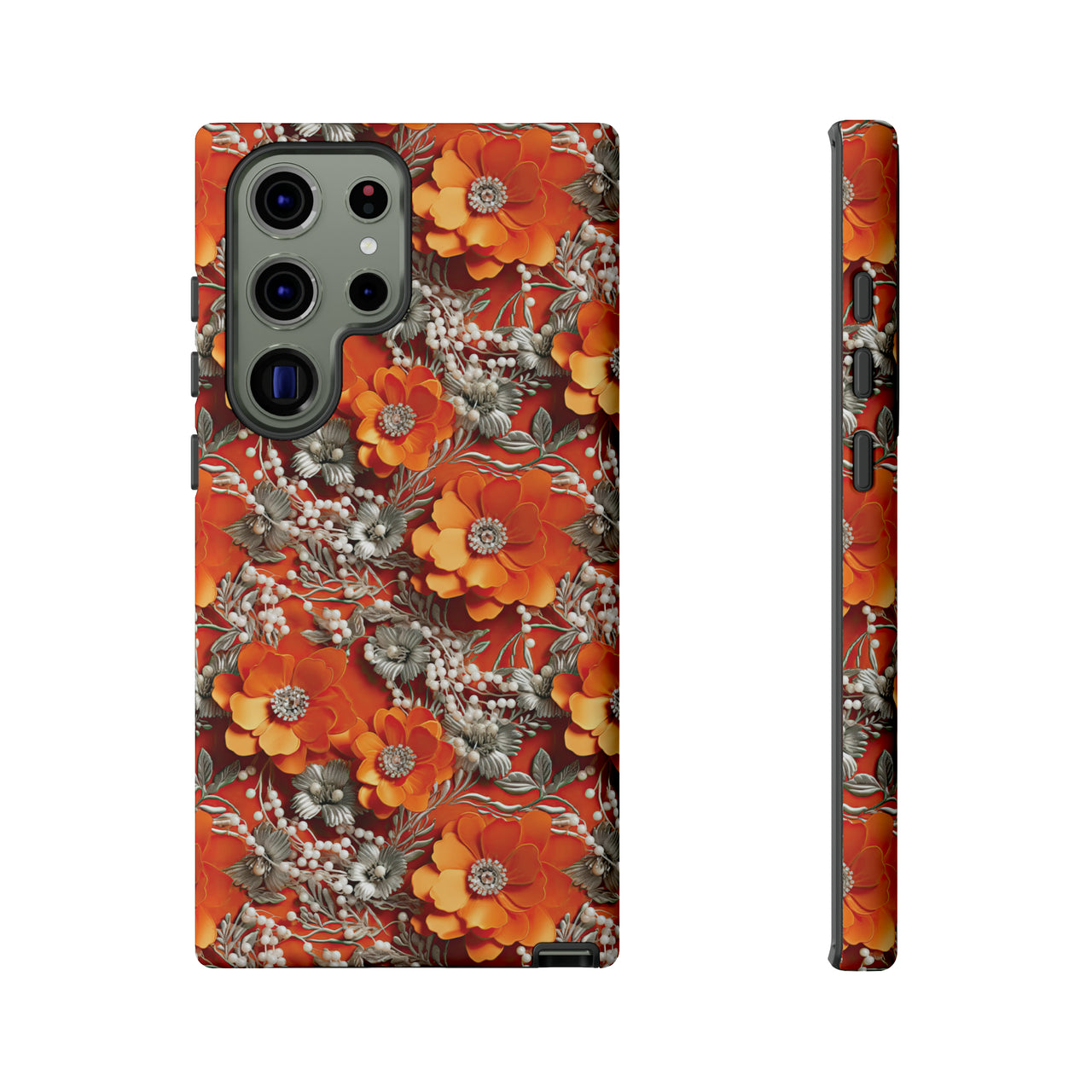 Orange Petals in Silver Tapestry Tough Case for Samsung Galaxy S23, Samsung Galaxy S23 Plus, and Samsung Galaxy S23 Ultra