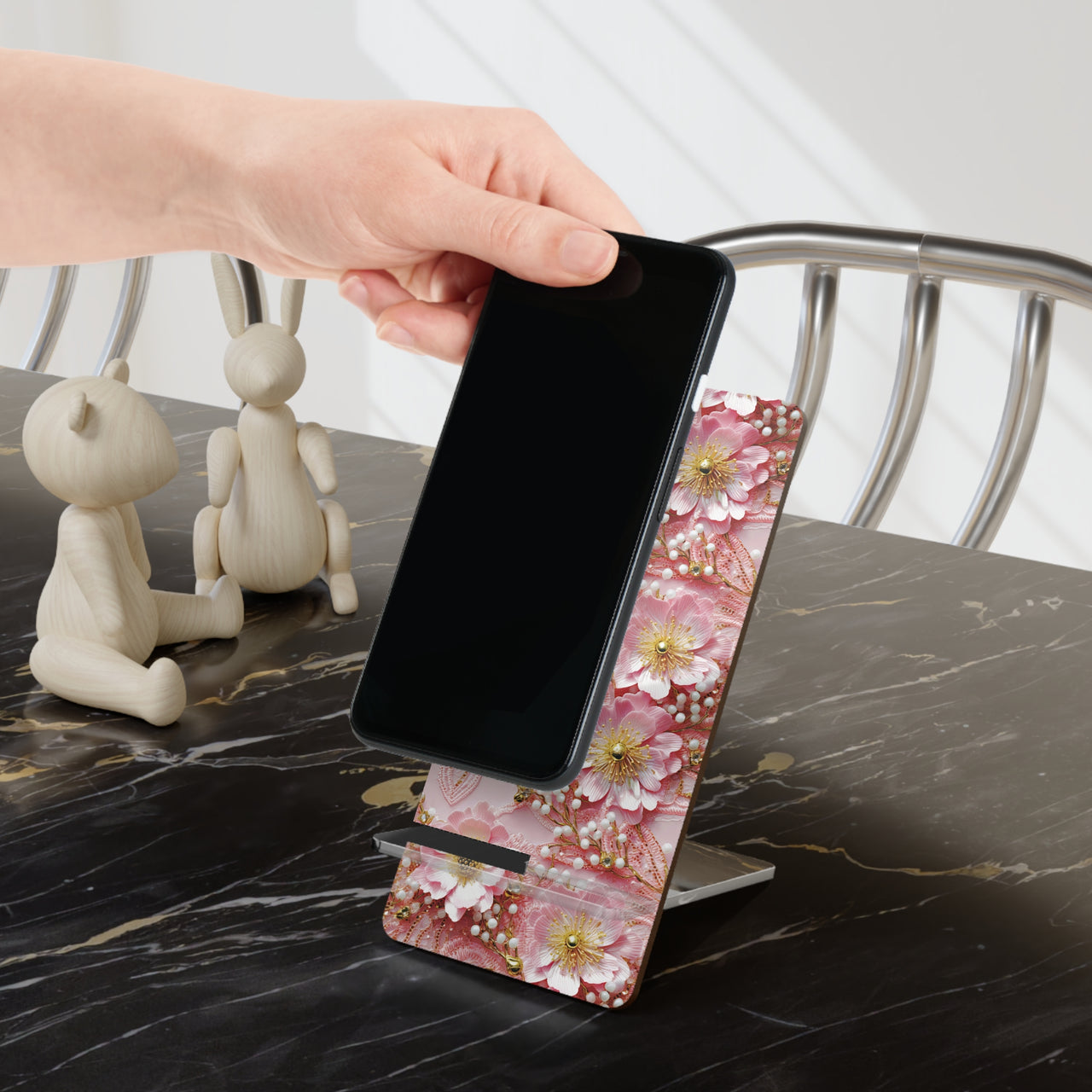 Gold-Kissed Flowers on Pink Lace - Mobile Display Stand for Smartphones