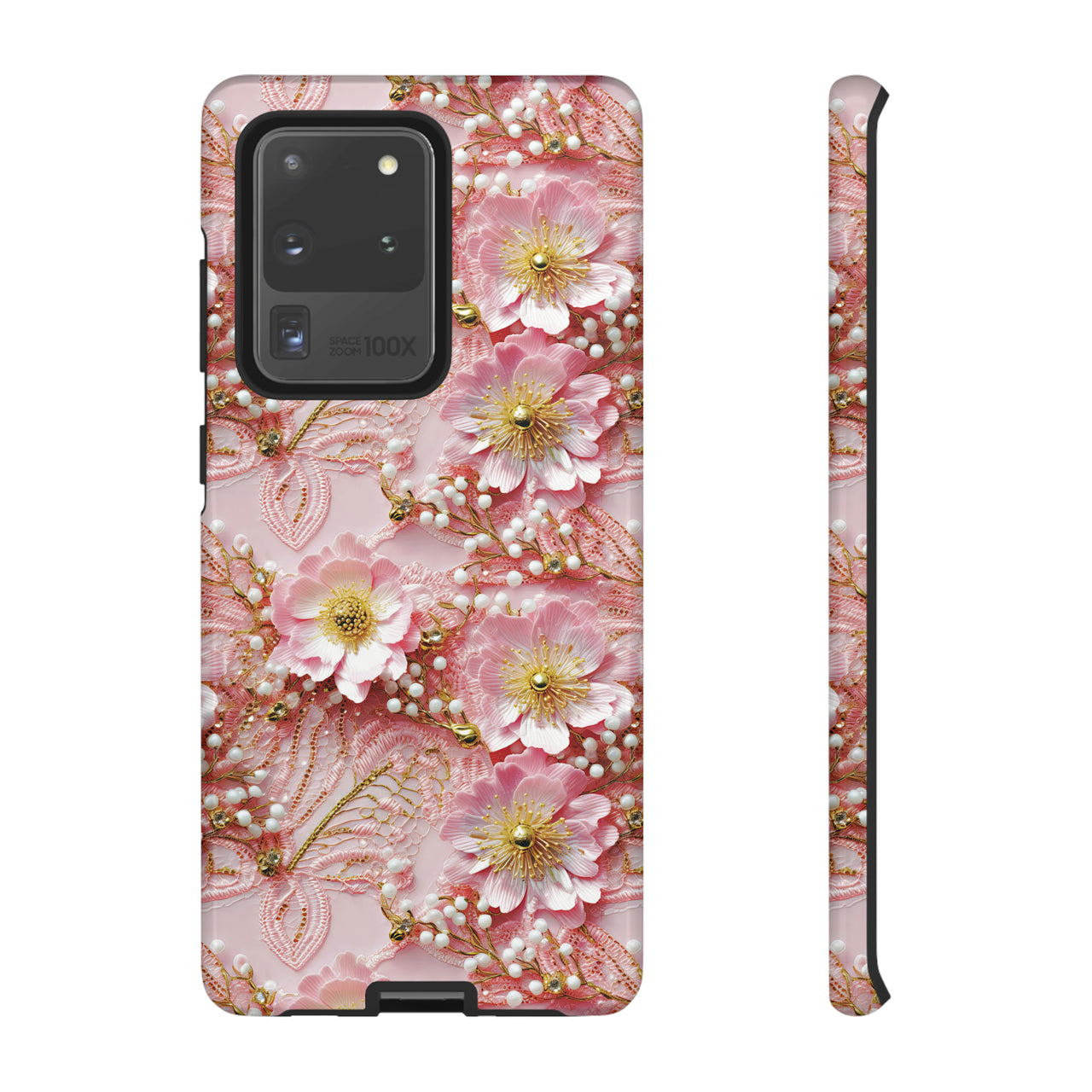 Gold-Kissed Flowers on Pink Lace - Tough Case for Samsung Galaxy S20, Samsung Galaxy S20+, Samsung Galaxy S20 Ultra, and Samsung Galaxy S20 FE