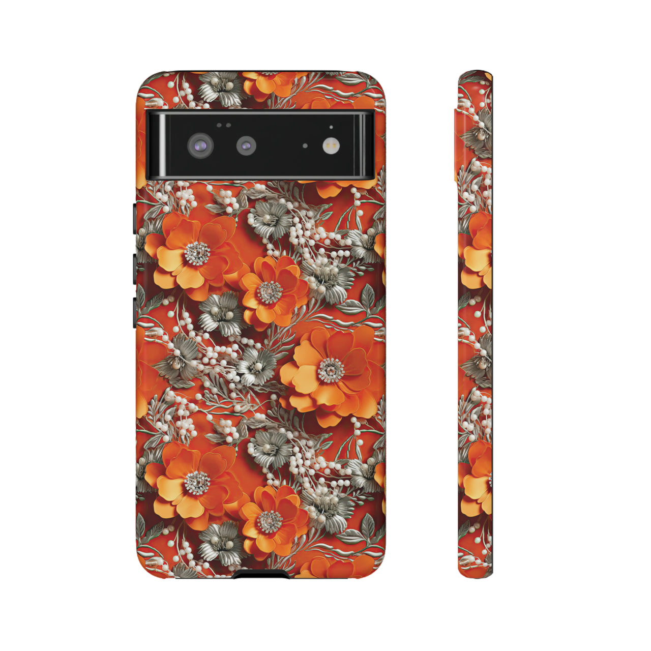 Orange Petals in Silver Tapestry Tough Case for Google Pixel 6 and Google Pixel 6 Pro