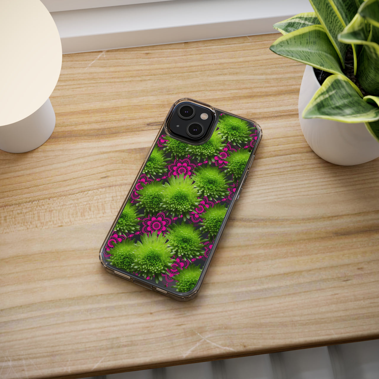 *Clear Case* Green Mums and Lace - iPhone 14, iPhone 14 Pro, iPhone 14 Plus, iPhone 14 Pro Max - Supports Wireless Charging