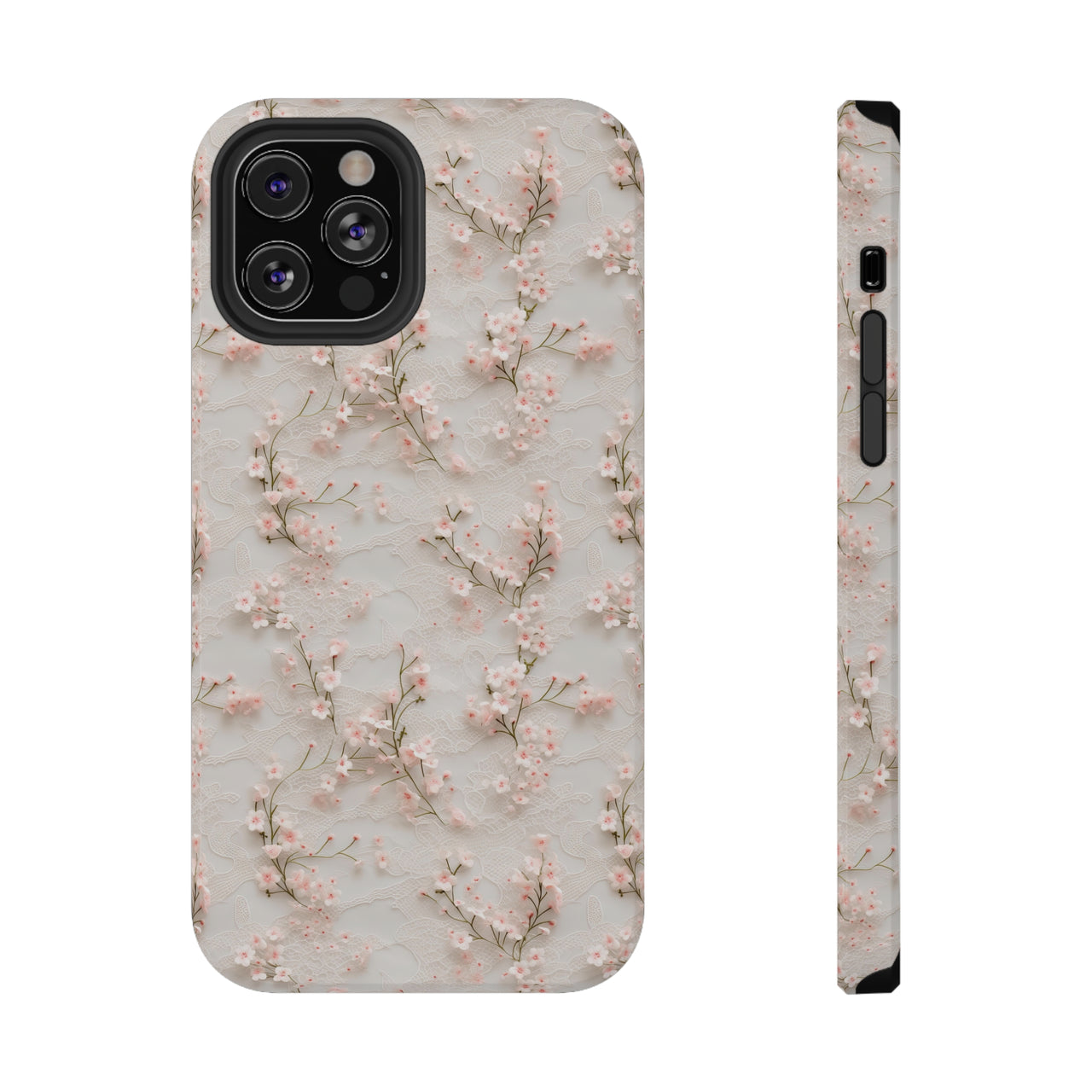 White Lace and Cherry Blossoms Impact-Resistant Case for iPhone 12, iPhone 12 Mini, iPhone 12 Pro, and iPhone 12 Pro Max. Supports Wireless Charging.