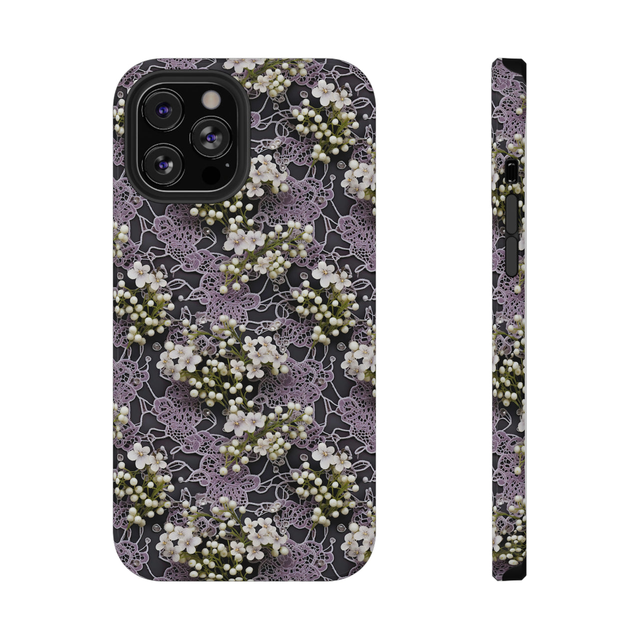 White Flowers on a Purple Bed - Impact-Resistant Case for iPhone 12, iPhone 12 Mini, iPhone 12 Pro, and iPhone 12 Pro Max. Supports Wireless Charging.