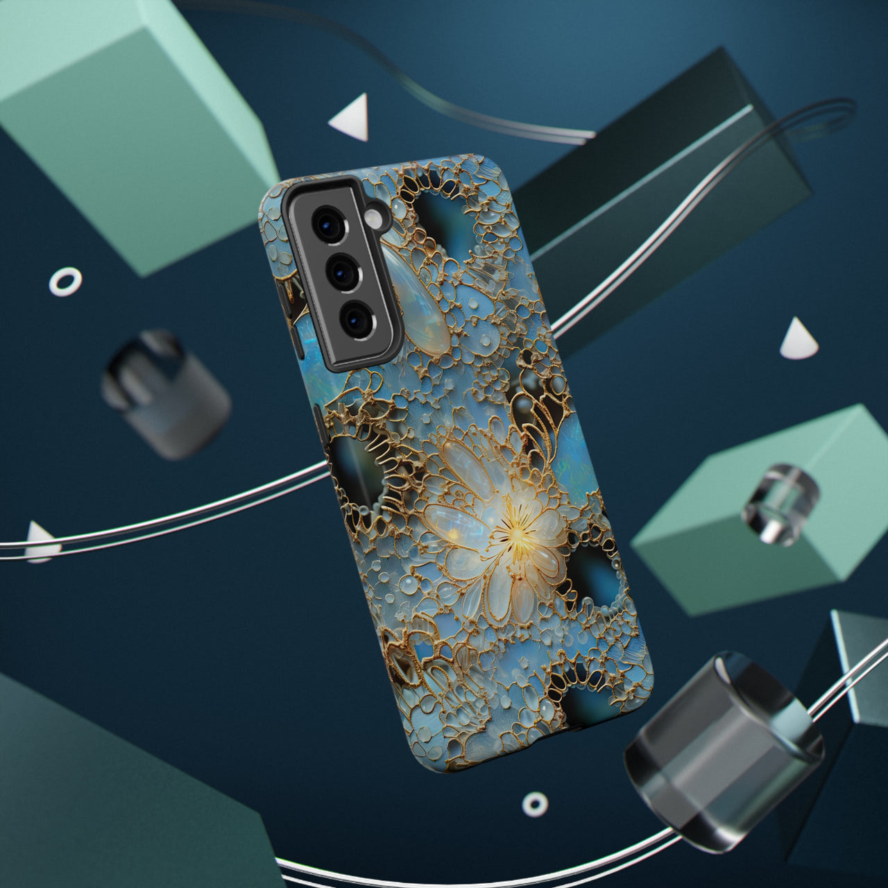 Gemstones and Gold Lace Impact-Resistant Cases for Samsung Galaxy S21, Samsung Galaxy S21 Plus, and Samsung Galaxy S21 Ultra. Supports Wireless Charging.