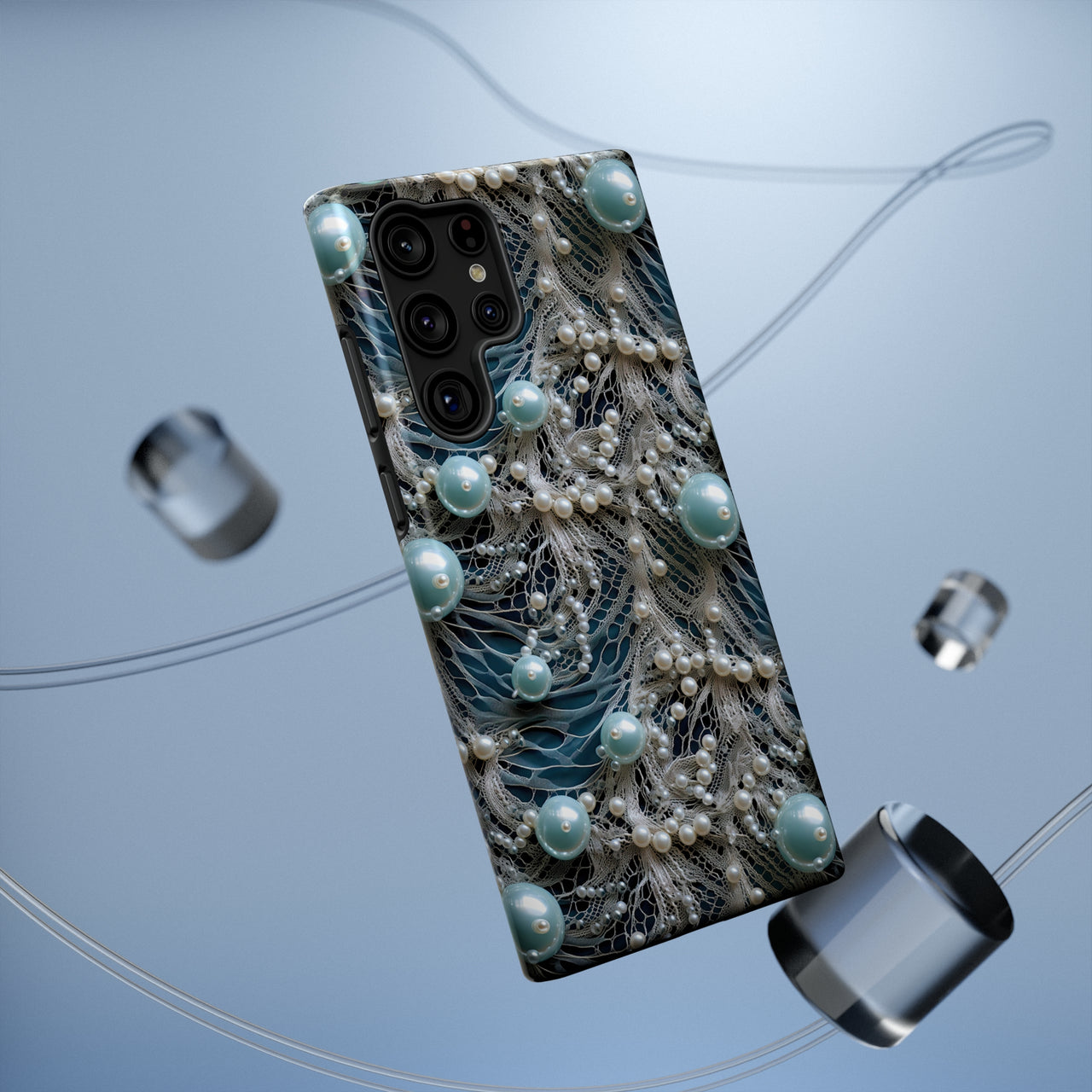 Sea Foam Lace and Pearls Impact-Resistant Cases for Samsung Galaxy S22, Samsung Galaxy S22 Plus, and Samsung Galaxy S22 Ultra. Supports Wireless Charging.