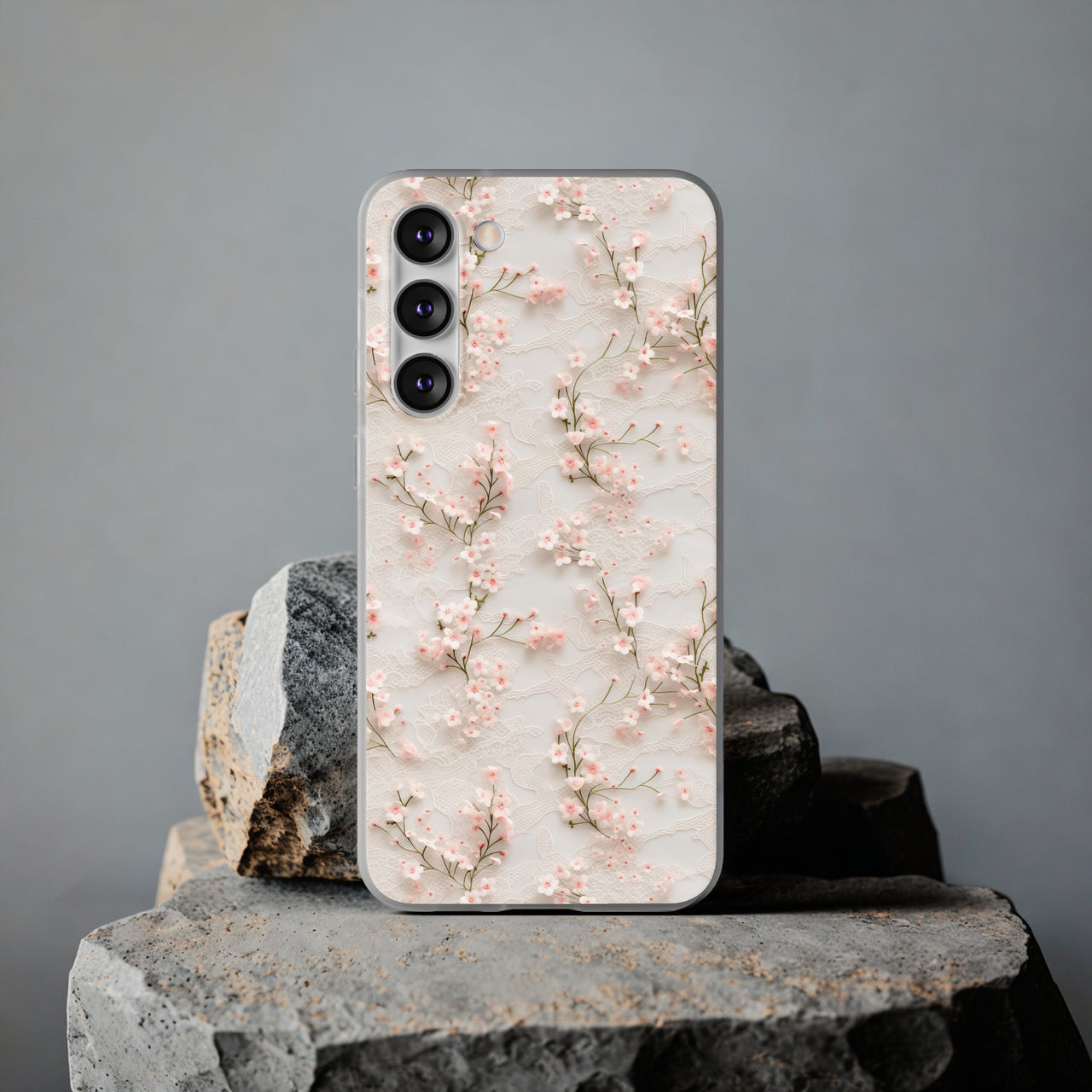 White Lace and Cherry Blossoms - Flexi Cases for Samsung Galaxy S23, Samsung Galaxy S23 Plus, and Samsung Galaxy S23 Ultra