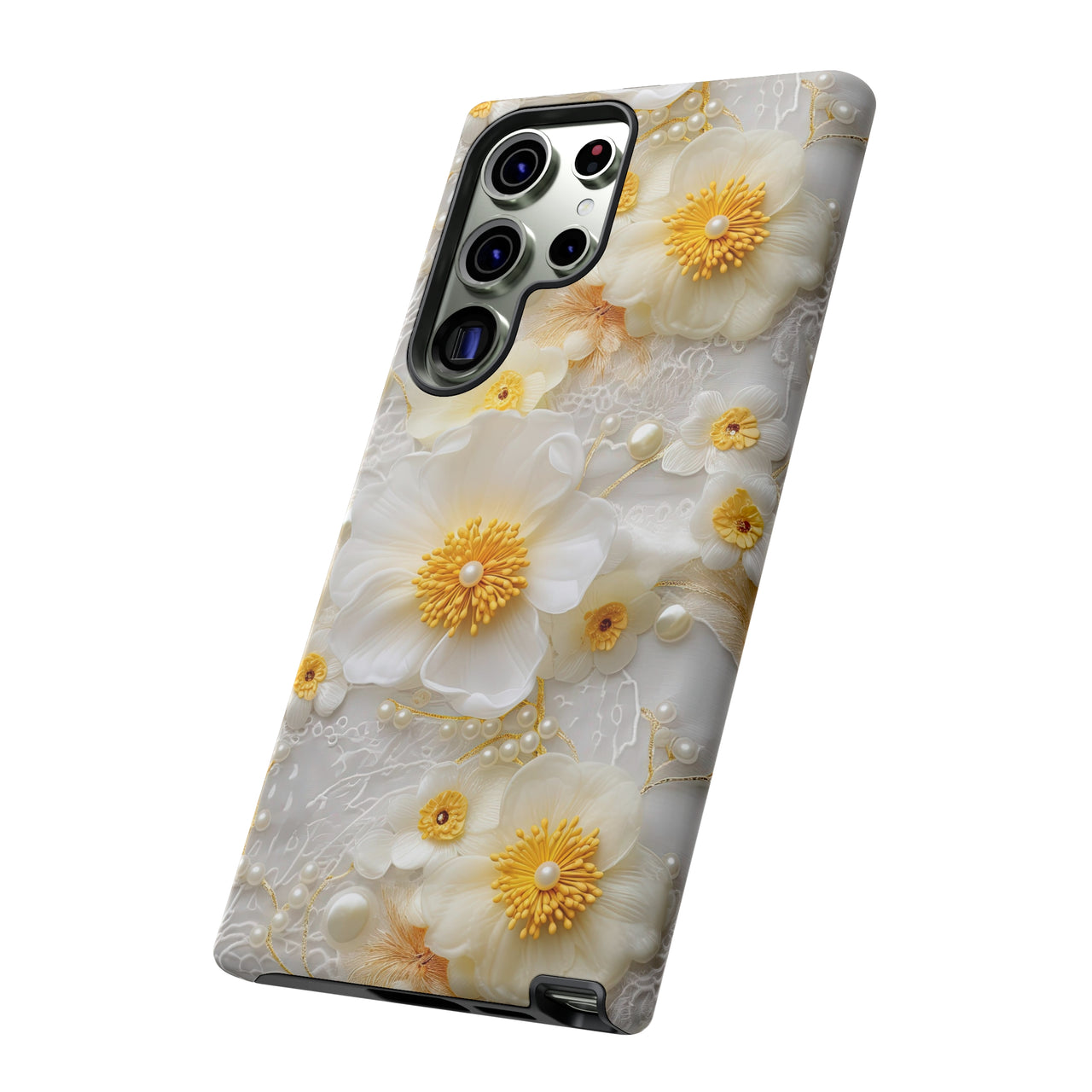 White and Yellow Floral Tough Cases for Samsung Galaxy S23, Samsung Galaxy S23 Plus, and Samsung Galaxy S23 Ultra