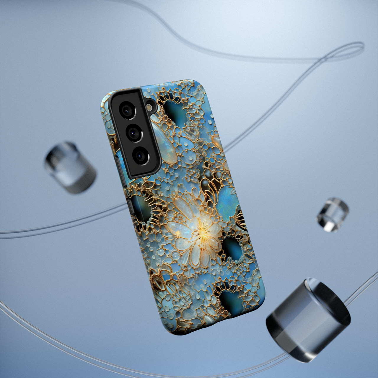 Gemstones and Gold Lace Impact-Resistant Cases for Samsung Galaxy S22, Samsung Galaxy S22 Plus, and Samsung Galaxy S22 Ultra. Supports Wireless Charging.