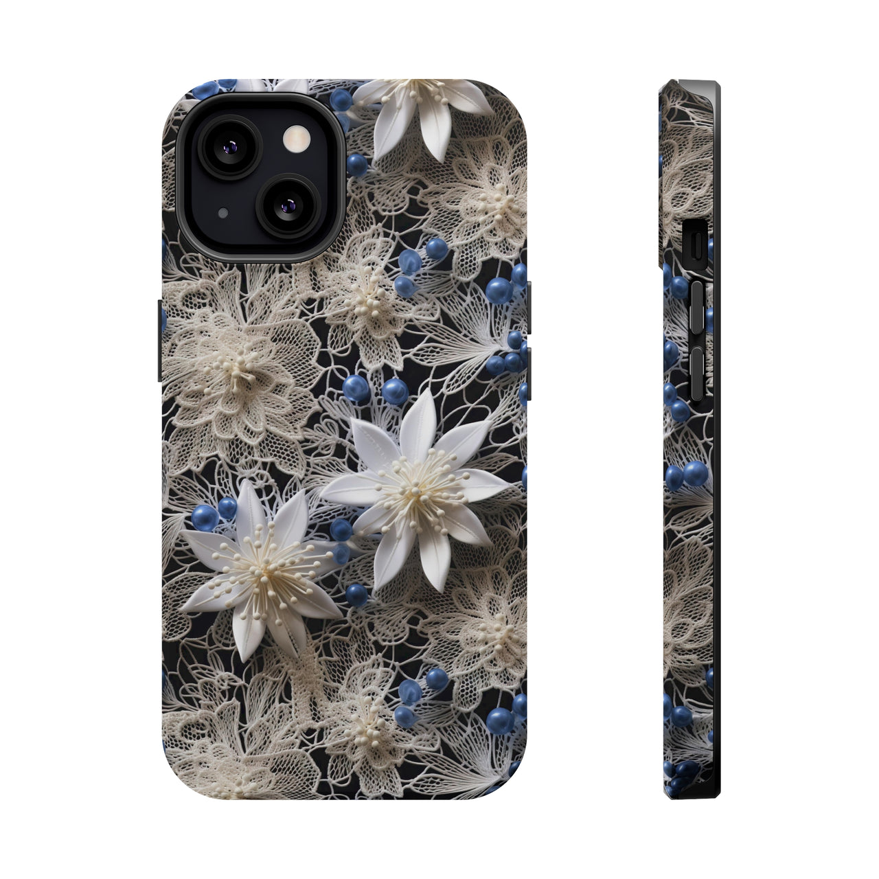 Vintage Lace and Clematis MagSafe Tough Cases for iPhone 13, iPhone 13 Mini, iPhone 13 Pro, and iPhone 13 Pro Max.