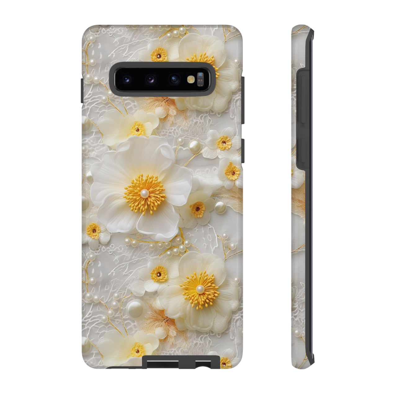 White and Yellow Floral Tough Cases for Samsung Galaxy S10, Samsung Galaxy S10E, and Samsung Galaxy S10 Plus