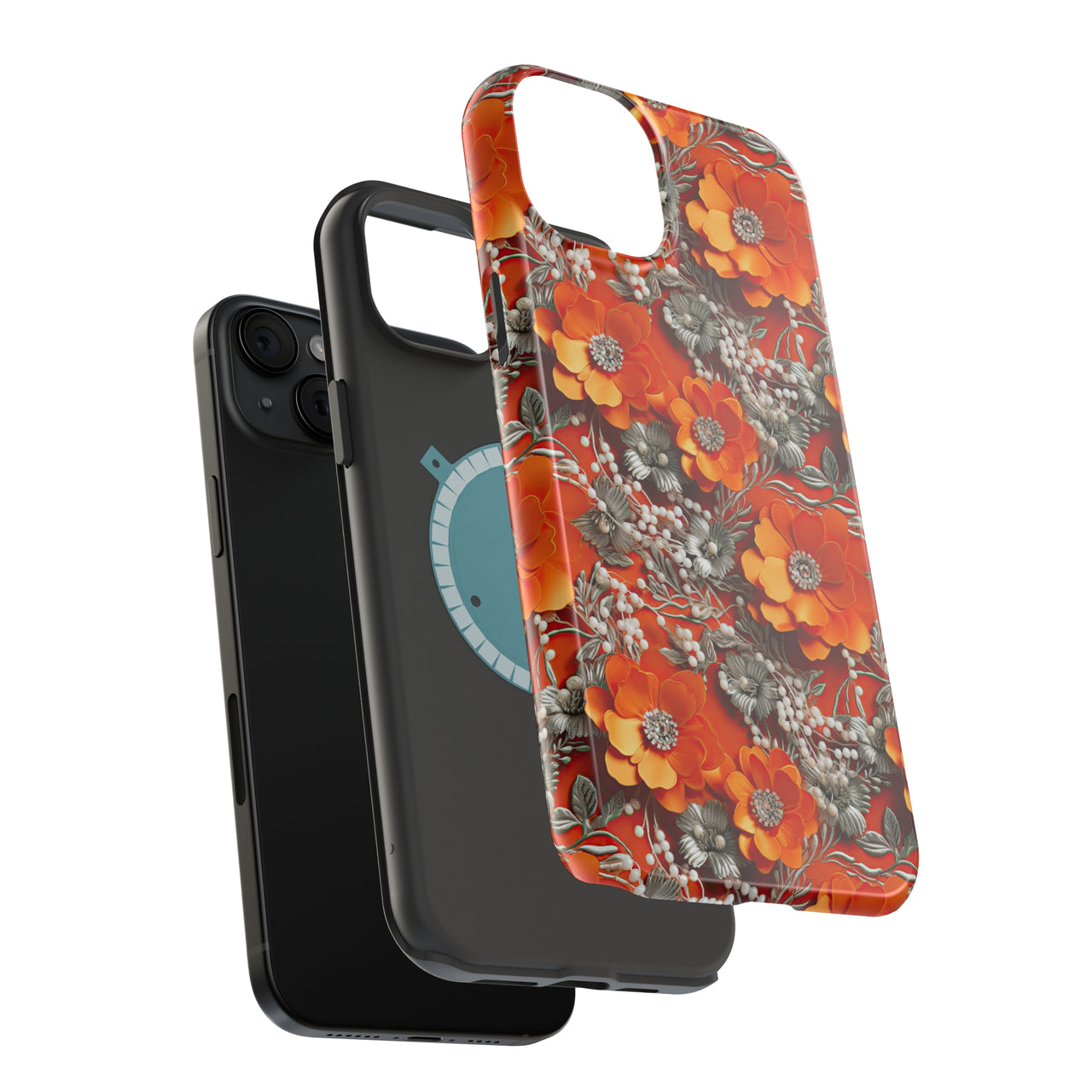 Orange Petals in Silver Tapestry - MagSafe Tough Case for iPhone 15, iPhone 15 Pro, iPhone 15 Plus, & iPhone 15 Pro Max