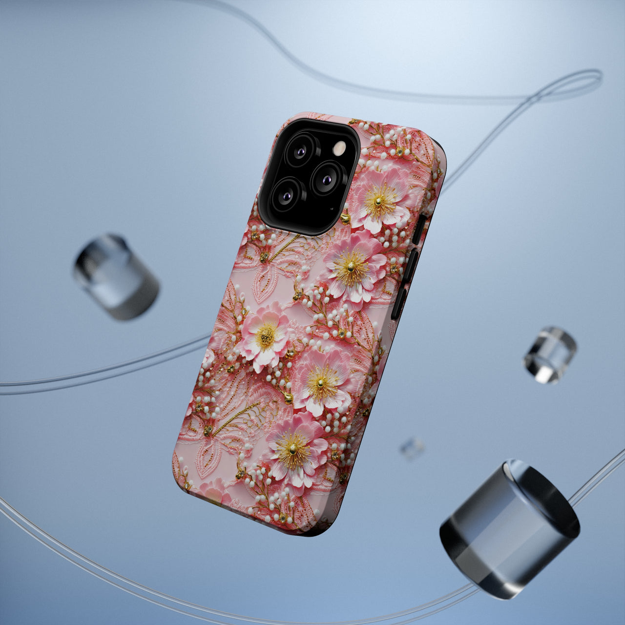 Gold-Kissed Flowers on Pink Lace - MagSafe Tough Cases for iPhone 13, iPhone 13 Mini, iPhone 13 Pro, and iPhone 13 Pro Max.