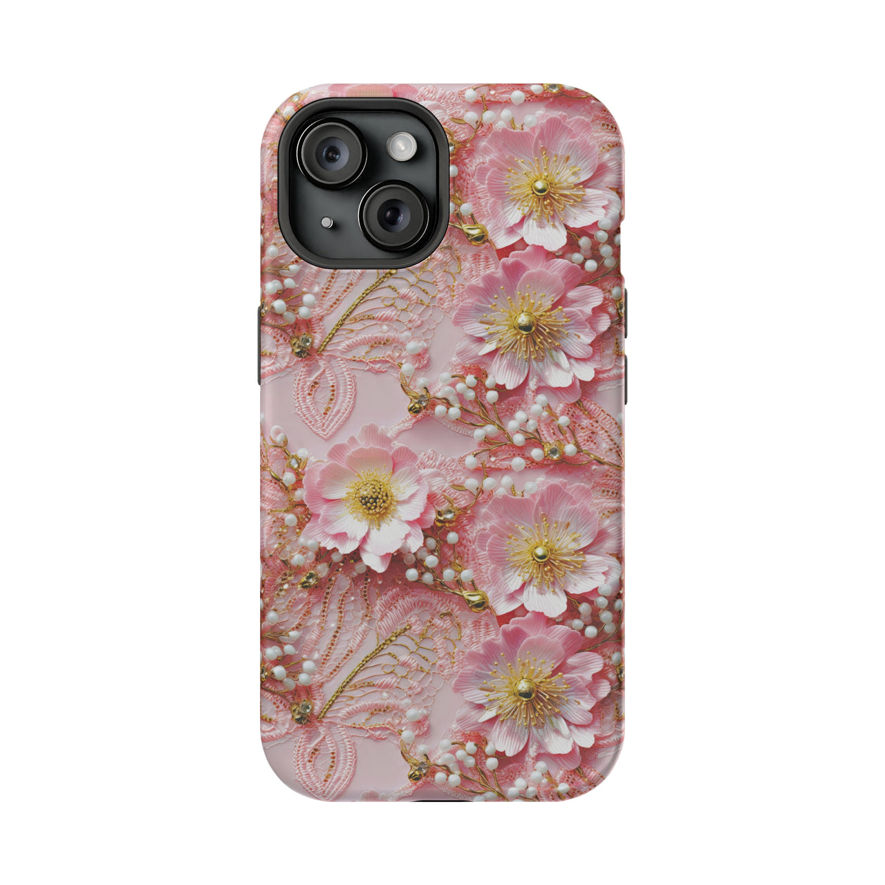 Gold-Kissed Flowers on Pink Lace - MagSafe Tough Case for iPhone 15, iPhone 15 Pro, iPhone 15 Plus, & iPhone 15 Pro Max