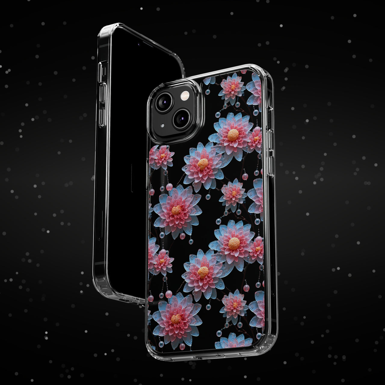 *Clear Case* Pink and Blue Glass Flowers - iPhone 14, iPhone 14 Pro, iPhone 14 Plus, iPhone 14 Pro Max - Supports Wireless Charging