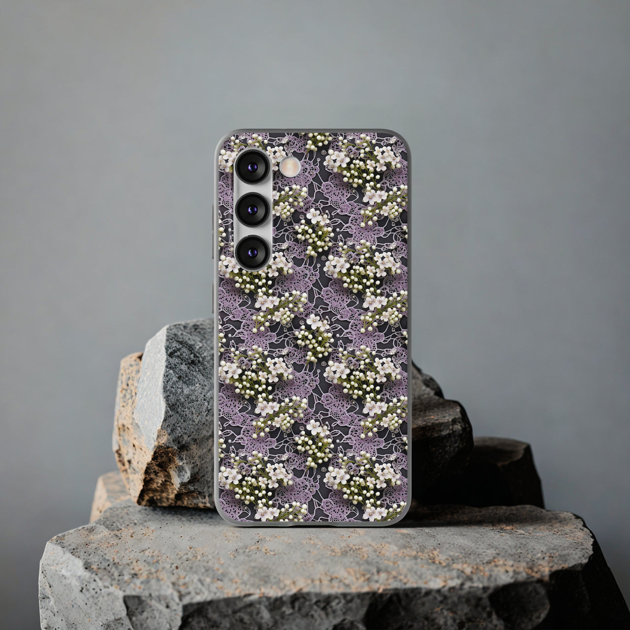 White Flowers on a Purple Bed - Flexi Cases for Samsung Galaxy S23, Samsung Galaxy S23 Plus, and Samsung Galaxy S23 Ultra