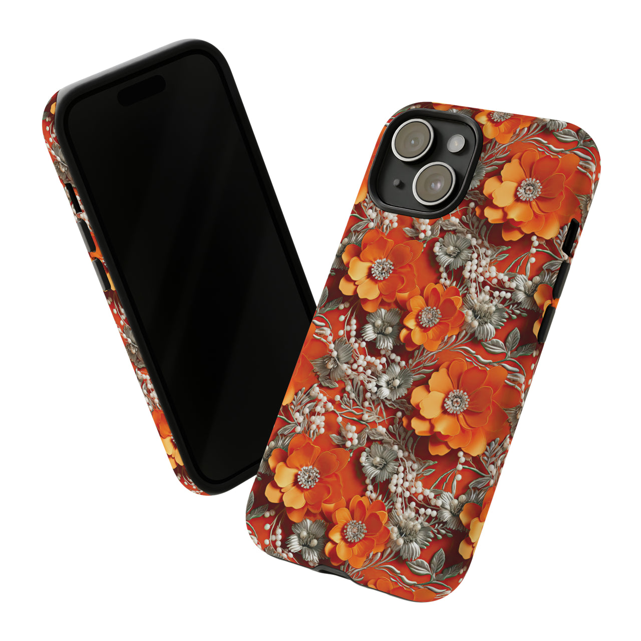 Orange Petals in Silver Tapestry Tough Case for iPhone 15, iPhone 15 Pro, iPhone 15 Plus, and iPhone 15 Pro Max