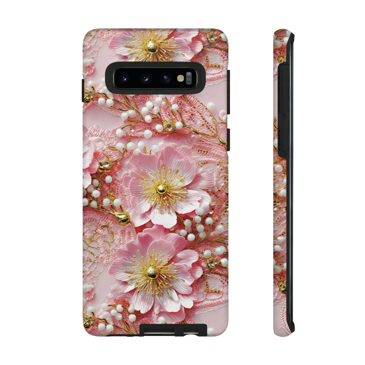 Gold-Kissed Flowers on Pink Lace - Tough Case for Samsung Galaxy S10, Samsung Galaxy S10E, and Samsung Galaxy S10 Plus