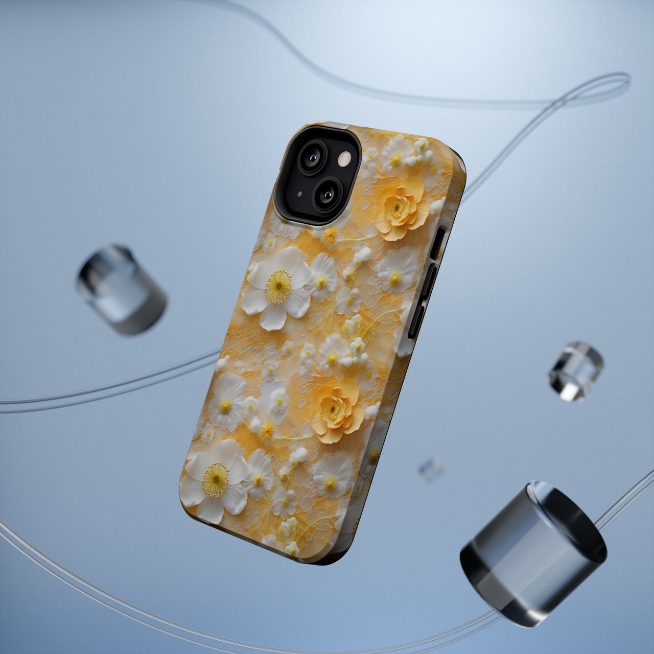 Yellow Floral MagSafe Tough Cases for iPhone 13, iPhone 13 Mini, iPhone 13 Pro, and iPhone 13 Pro Max.