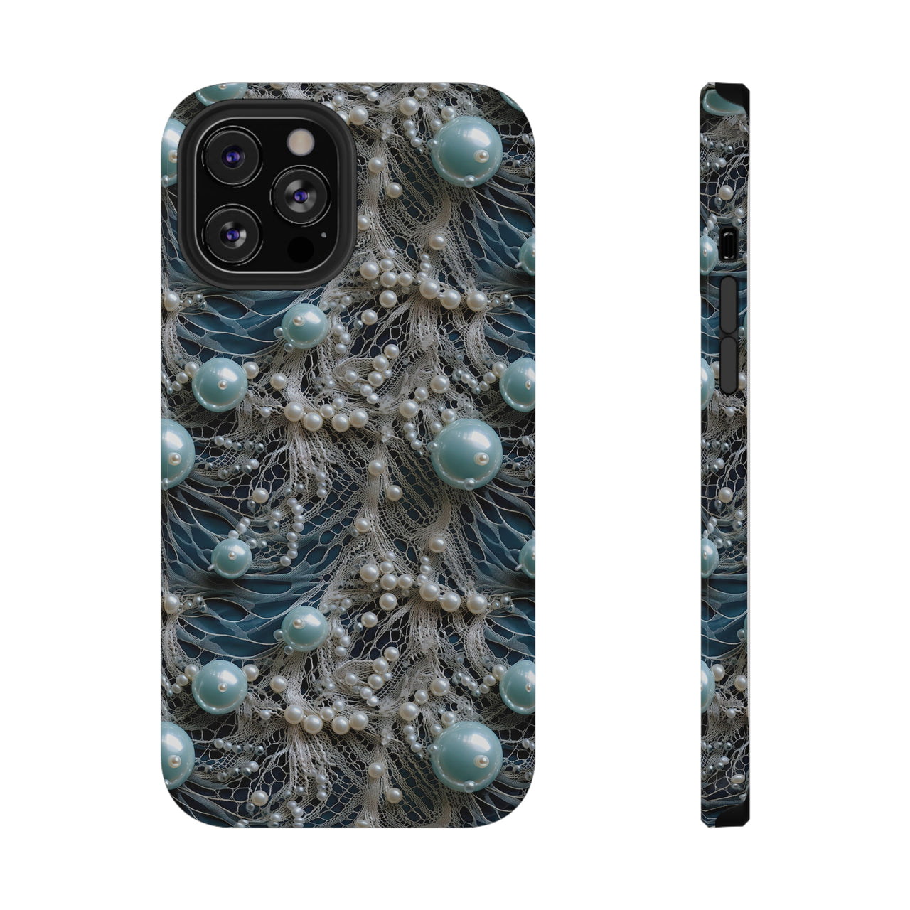 Sea Foam Lace and Pearls Impact-Resistant Case for iPhone 12, iPhone 12 Mini, iPhone 12 Pro, and iPhone 12 Pro Max. Supports Wireless Charging.