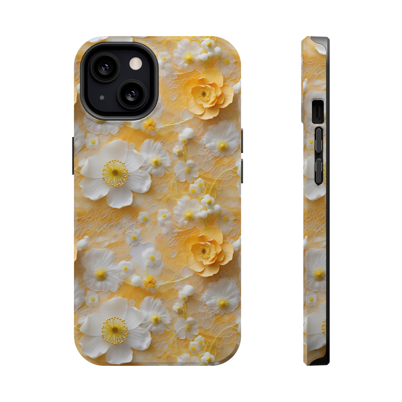 Yellow Floral MagSafe Tough Cases for iPhone 13, iPhone 13 Mini, iPhone 13 Pro, and iPhone 13 Pro Max.