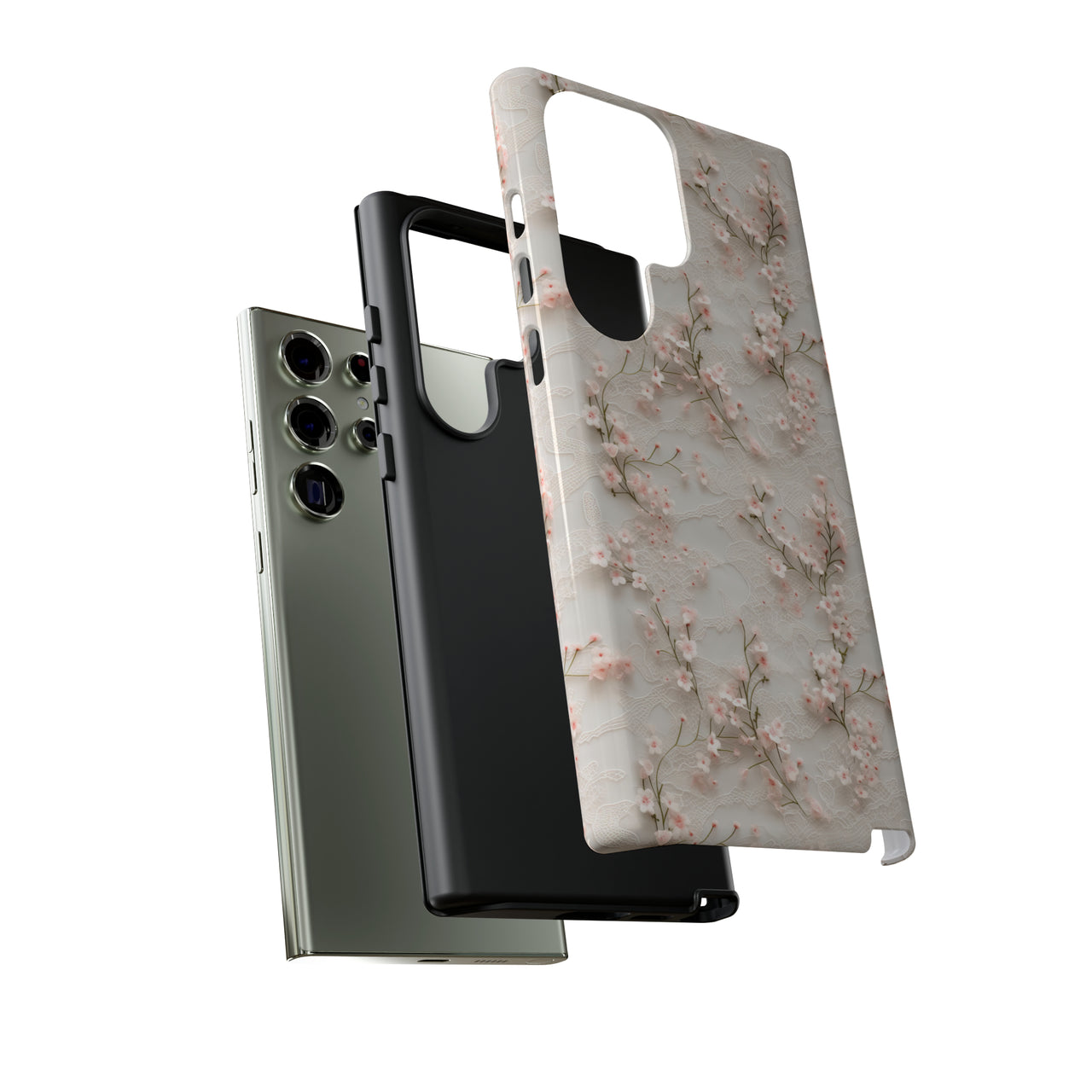 White Lace and Cherry Blossoms Tough Cases for Samsung Galaxy S23, Samsung Galaxy S23 Plus, and Samsung Galaxy S23 Ultra