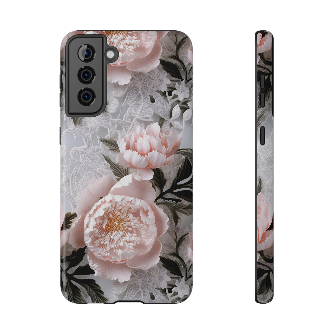 Pink Peony Impact-Resistant Cases for Samsung Galaxy S21, Samsung Galaxy S21 Plus, and Samsung Galaxy S21 Ultra. Supports Wireless Charging.