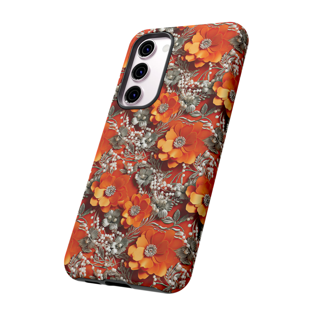 Orange Petals in Silver Tapestry Tough Case for Samsung Galaxy S23, Samsung Galaxy S23 Plus, and Samsung Galaxy S23 Ultra