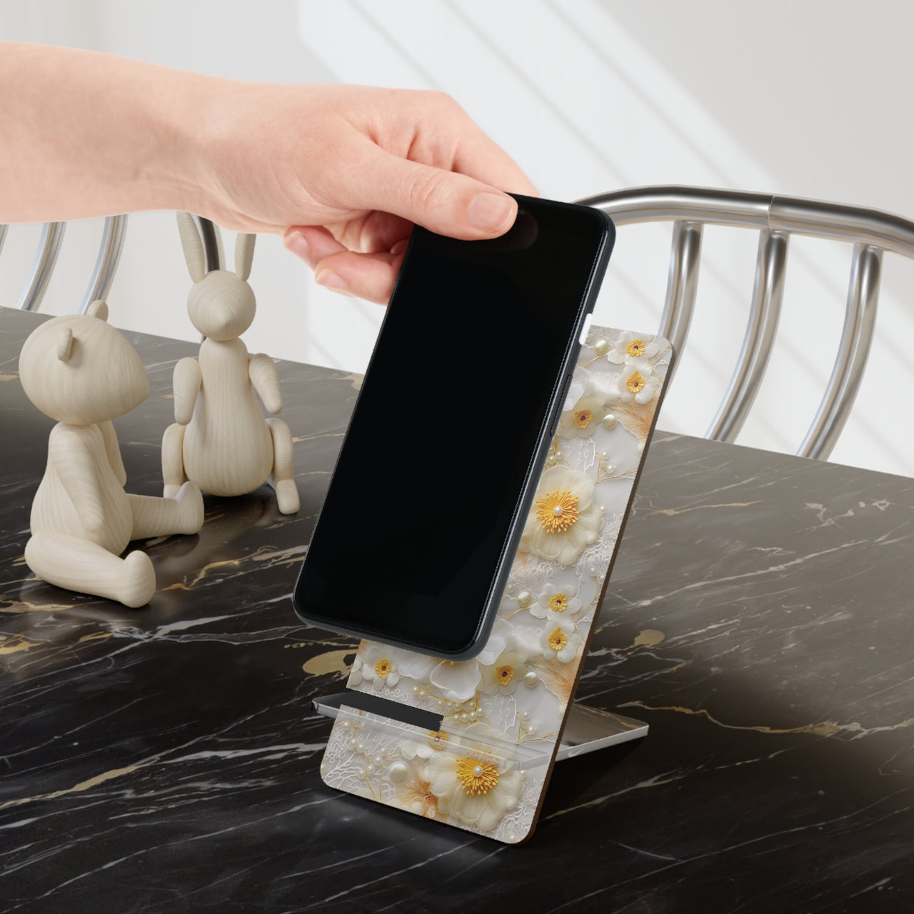 Yellow and White Floral Mobile Display Stand for Smartphones