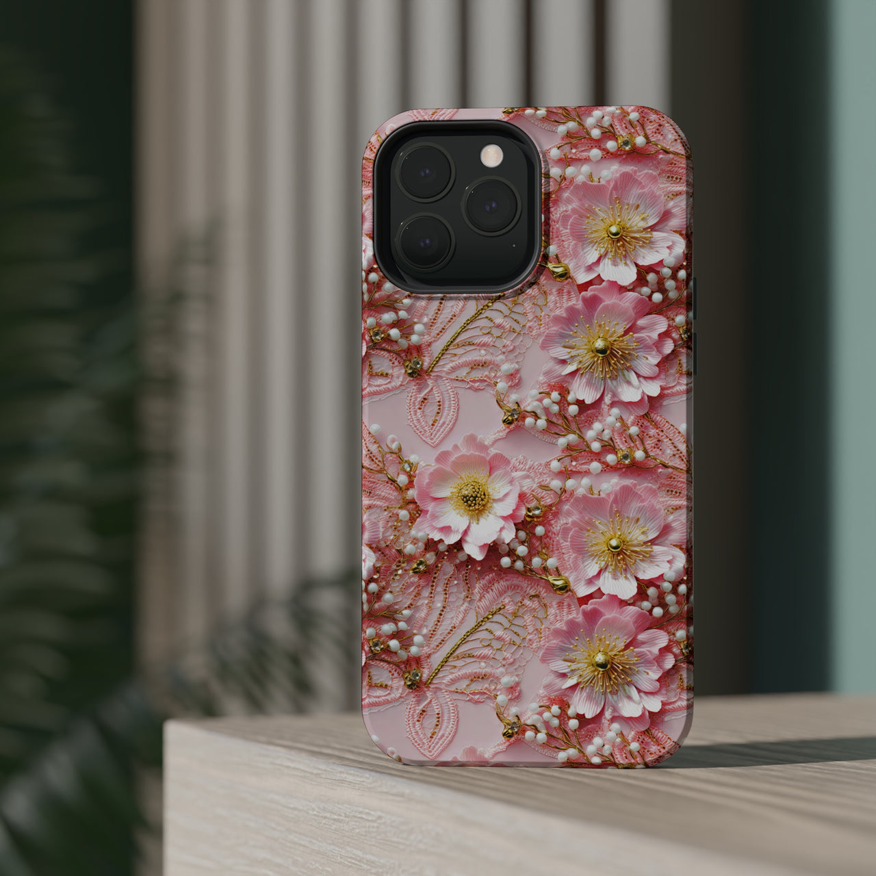 Gold-Kissed Flowers on Pink Lace - MagSafe Tough Cases for iPhone 13, iPhone 13 Mini, iPhone 13 Pro, and iPhone 13 Pro Max.