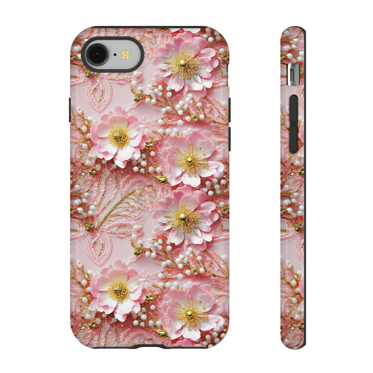 Gold-Kissed Flowers on Pink Lace - Tough Cases for iPhone 8 and iPhone 8 Plus