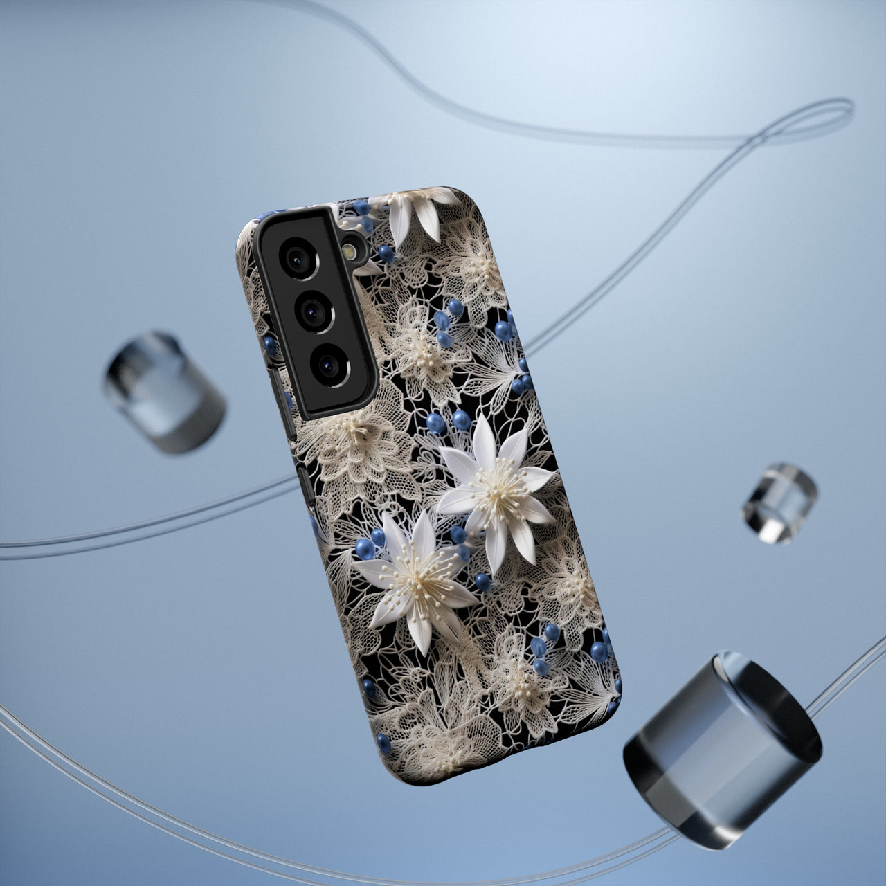 Vintage Lace and Clematis Impact-Resistant Cases for Samsung Galaxy S22, Samsung Galaxy S22 Plus, and Samsung Galaxy S22 Ultra. Supports Wireless Charging.