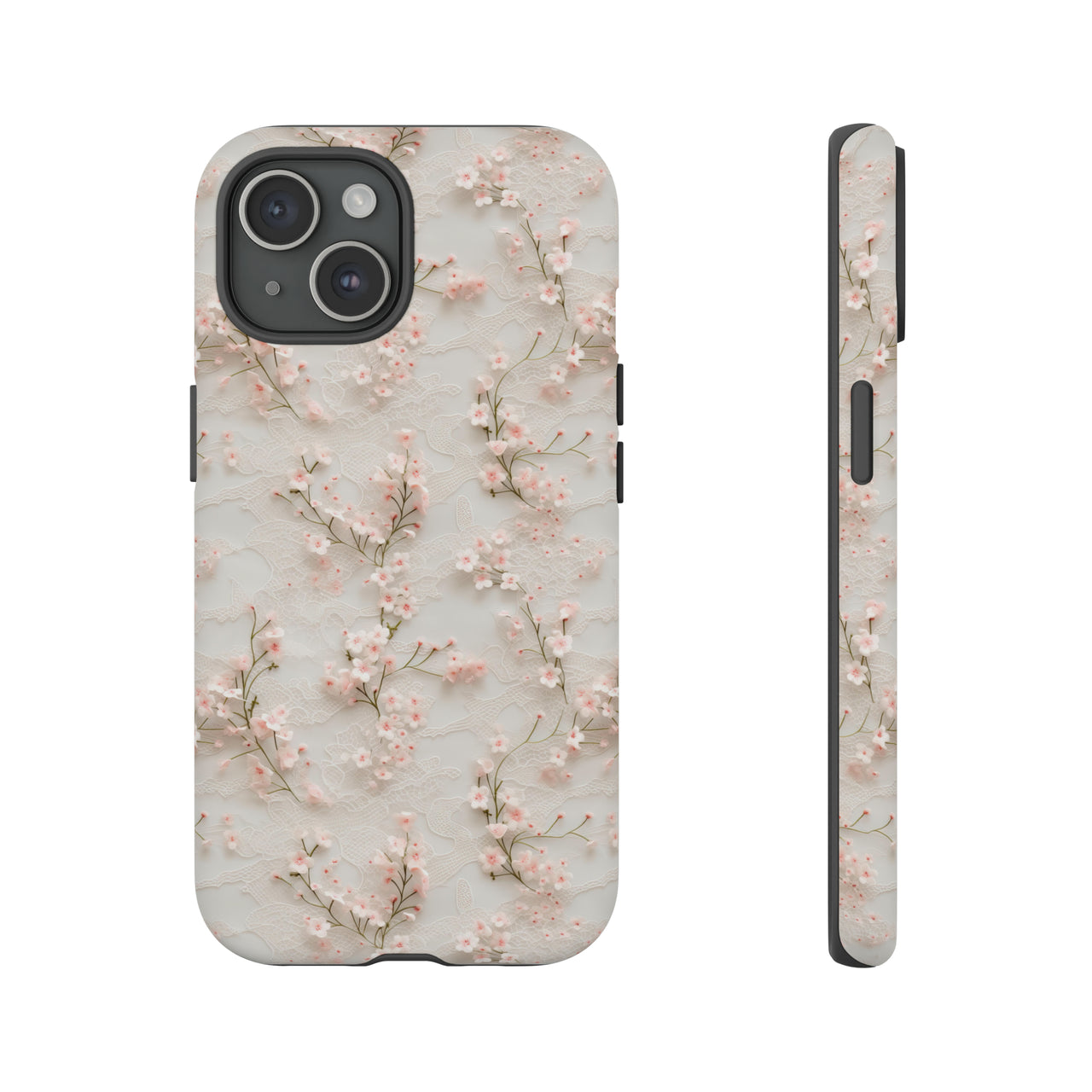 White Lace and Cherry Blossoms Tough Case for iPhone 15, iPhone 15 Pro, iPhone 15 Plus, and iPhone 15 Pro Max