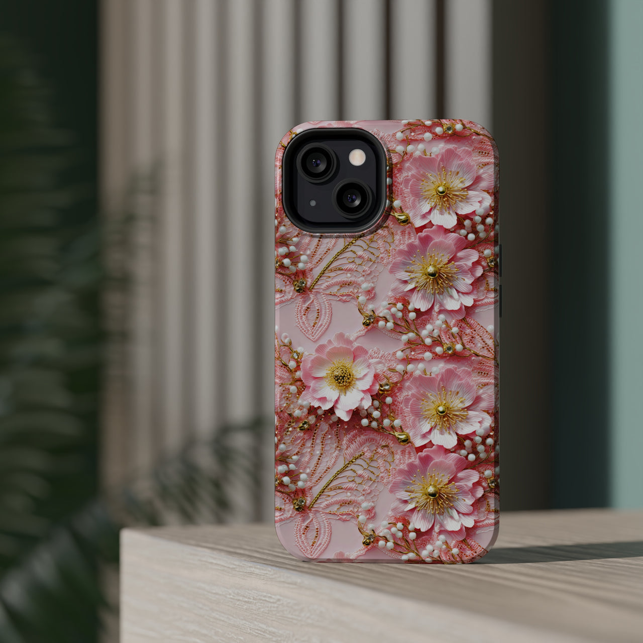 Gold-Kissed Flowers on Pink Lace - MagSafe Tough Cases for iPhone 13, iPhone 13 Mini, iPhone 13 Pro, and iPhone 13 Pro Max.